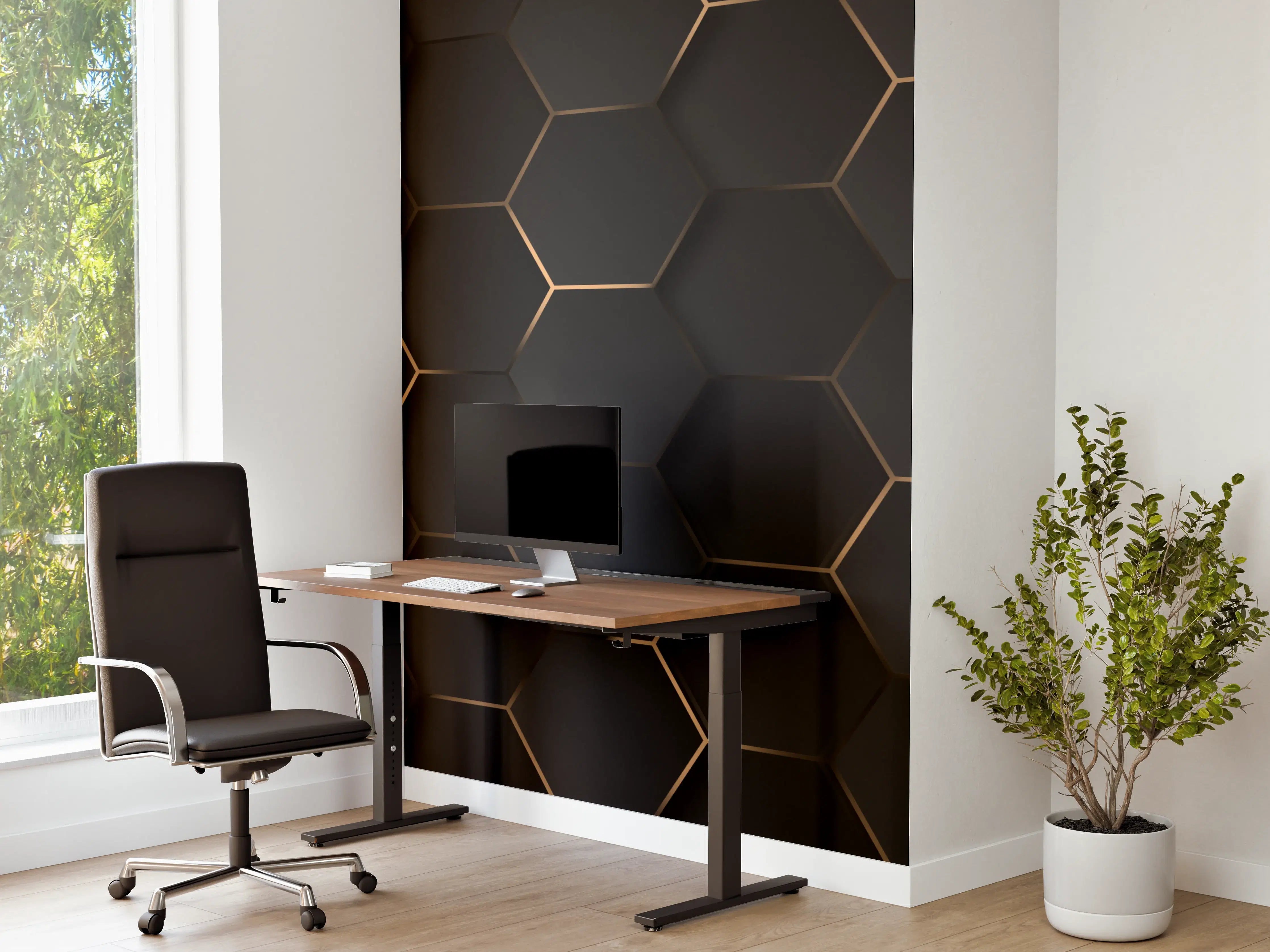 Büro Wandgestaltung - Dunkle Wabenstruktur in Schwarz und Kupfer