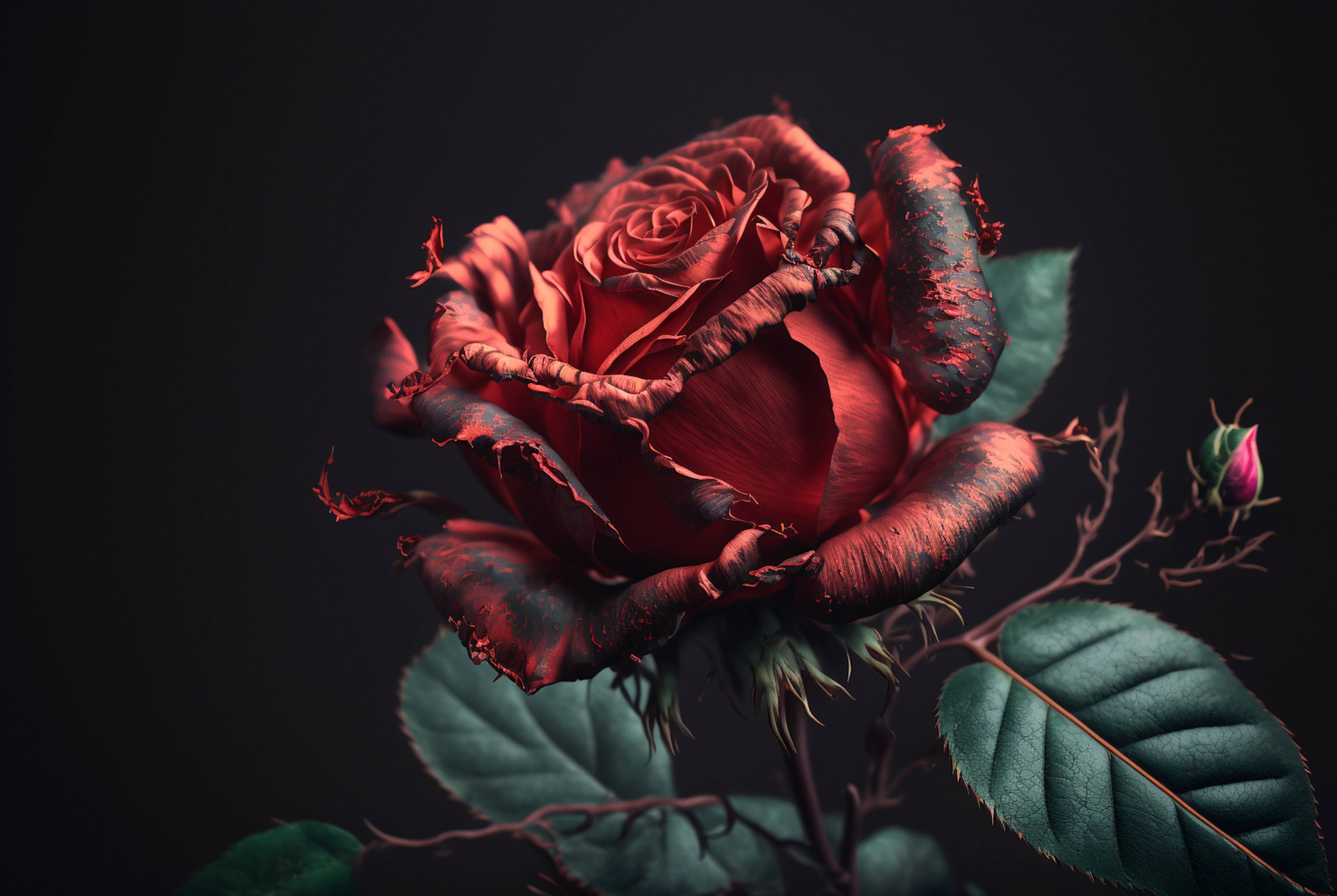 Büro Wandgestaltung-Dunkle rote Rose mit satten Grüntönen