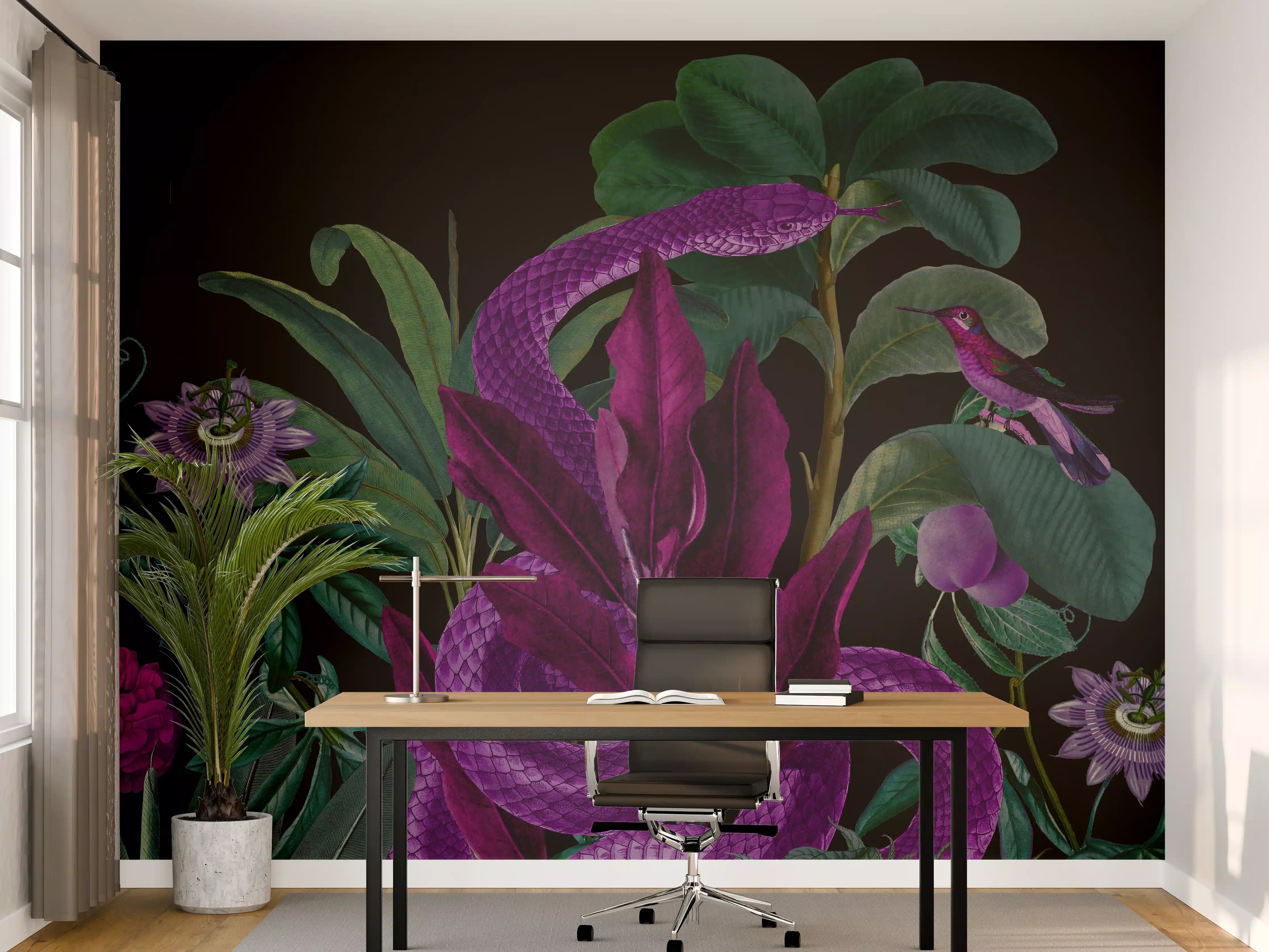 Büro Wandgestaltung - Dunkler Dschungel-Schlangen-Print