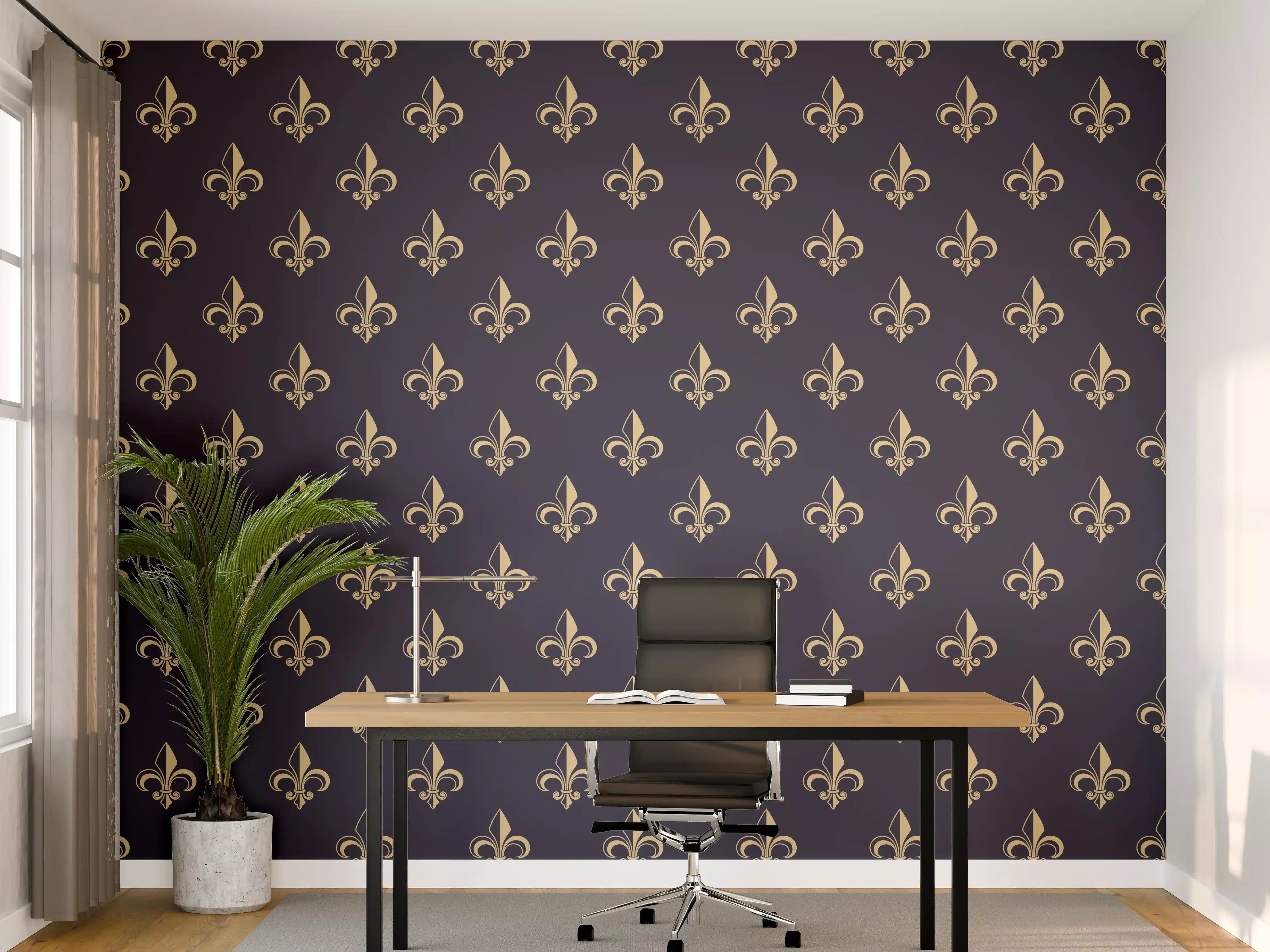 Büro Wandgestaltung - Edles Fleur-de-Lis Muster Dunkelblau