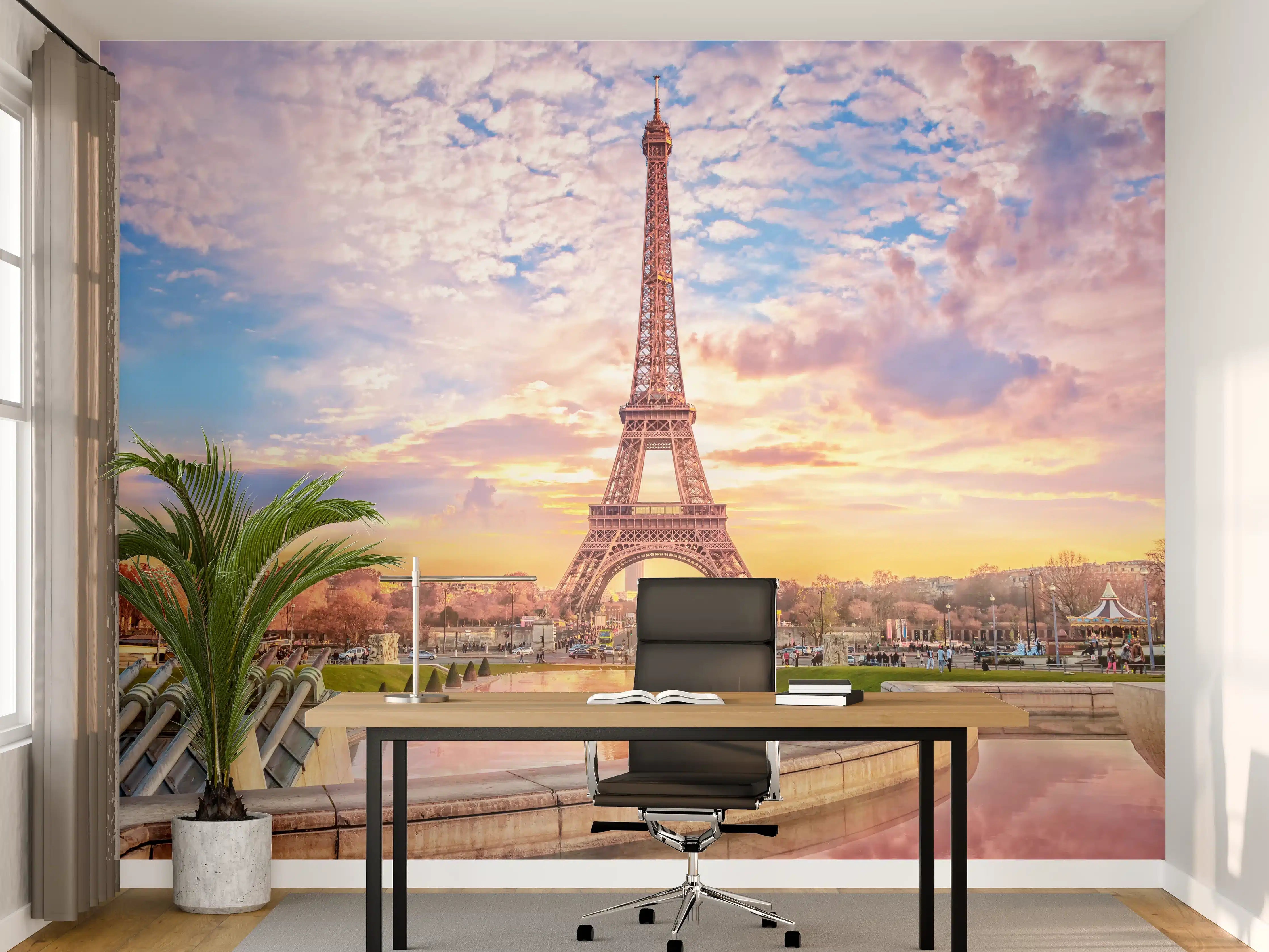 Büro Wandgestaltung - Eiffelturm bei Sonnenaufgang in zarten Pastellfarben