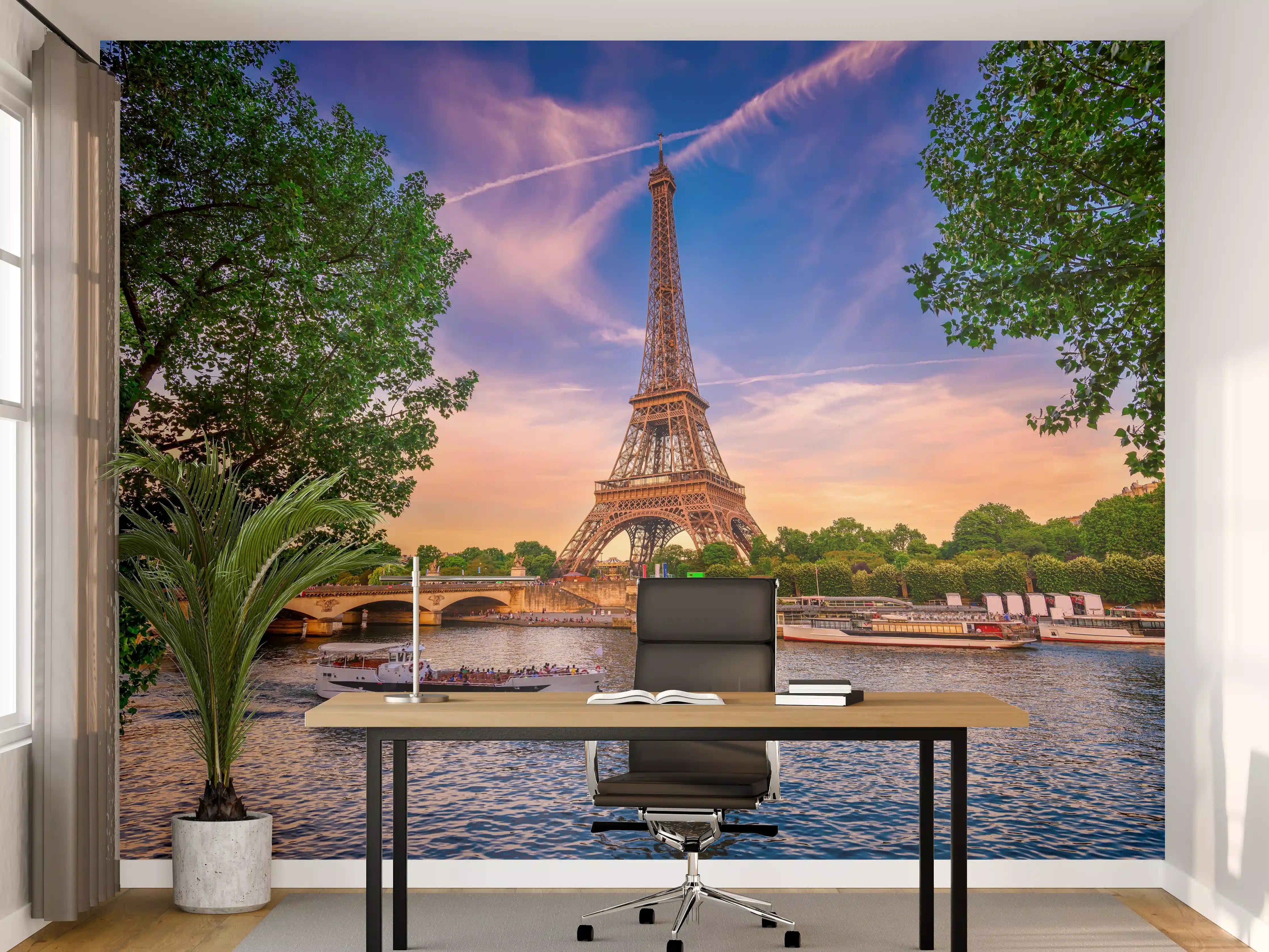 Büro Wandgestaltung - Eiffelturm und Fluss Seine bei Sonnenuntergang 