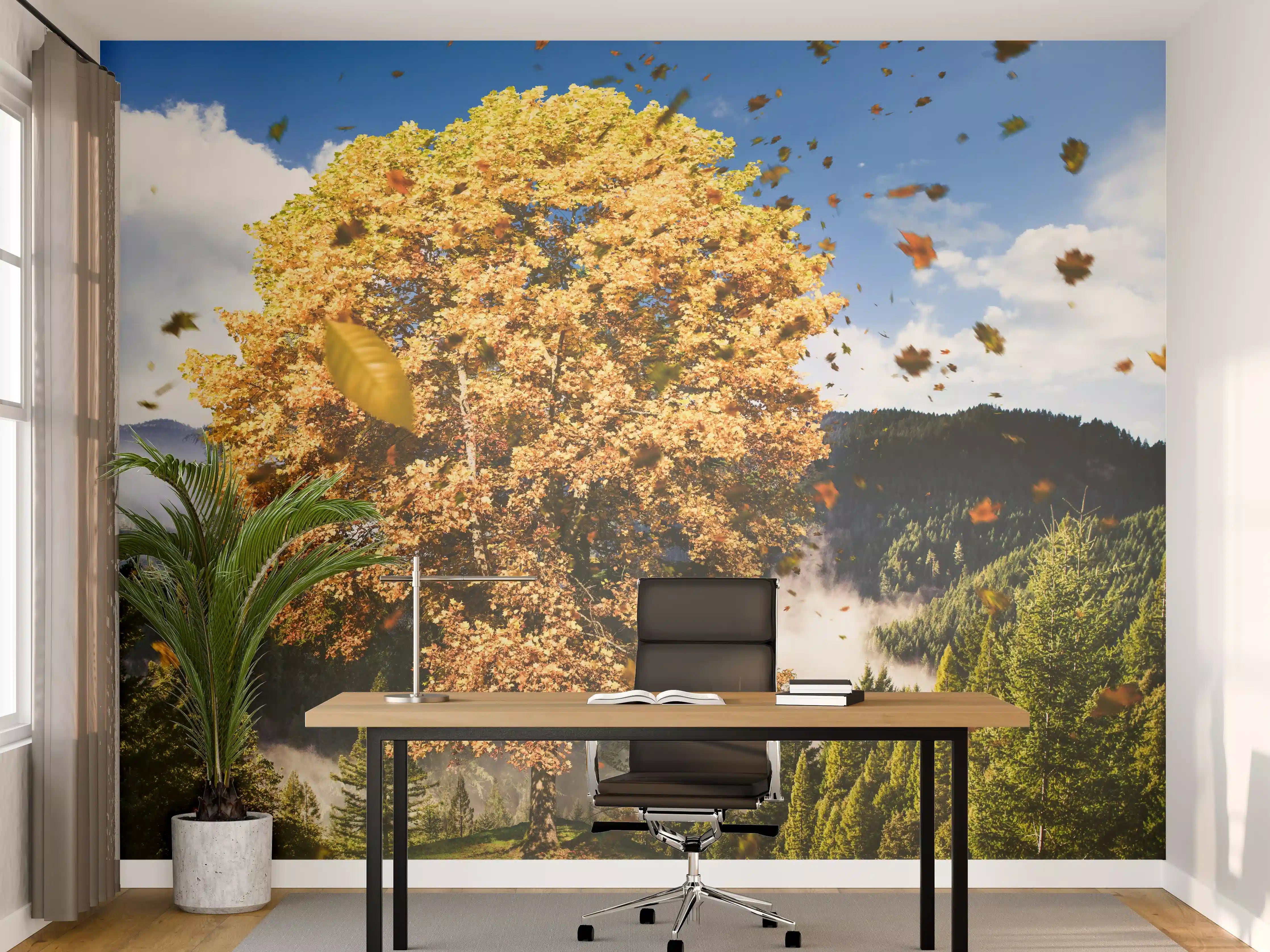 Büro Wandgestaltung - Einzelner Herbst Baum im Wald bei Wind