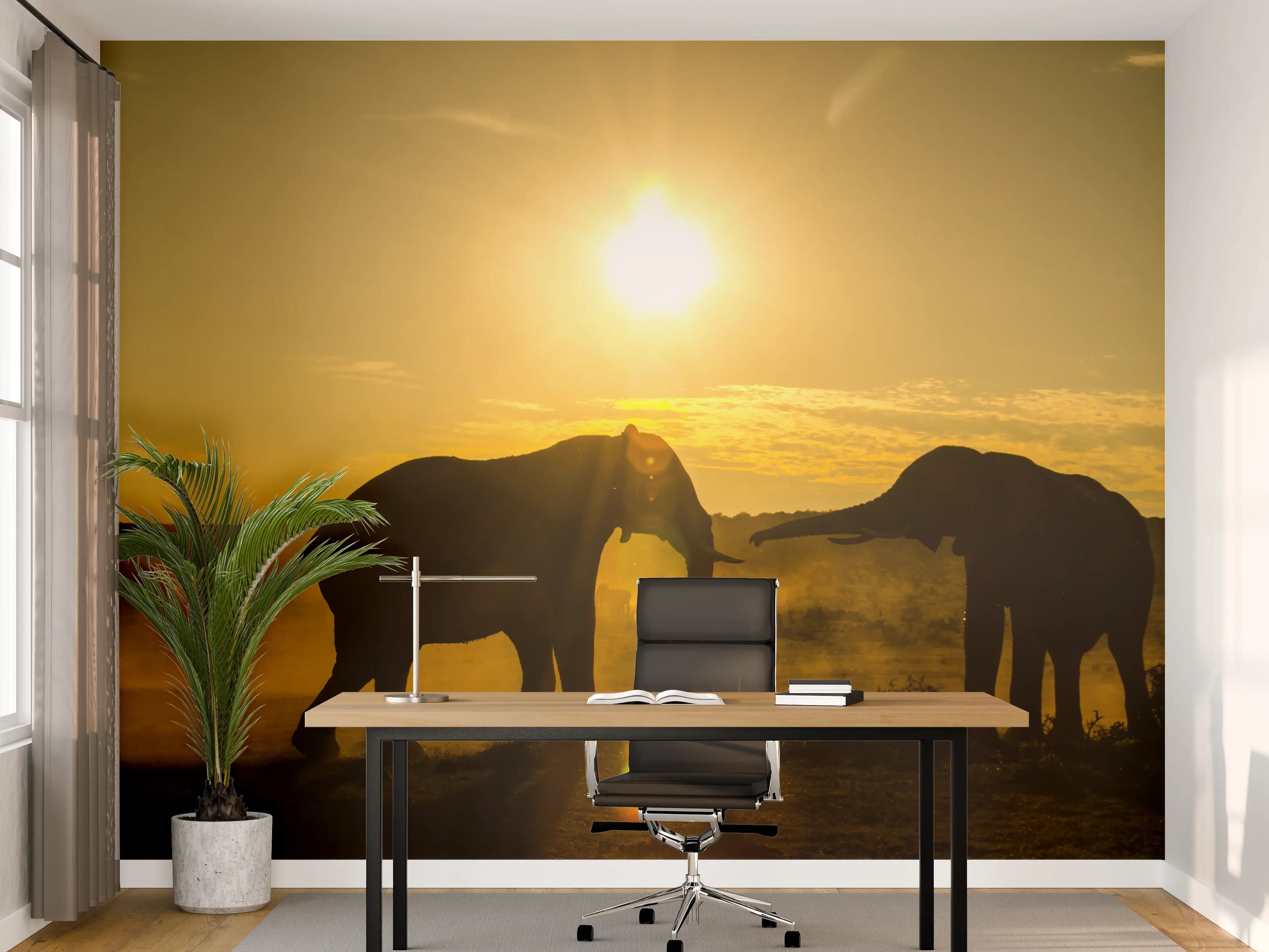Büro Wandgestaltung - Elefanten bei Sonnenuntergang