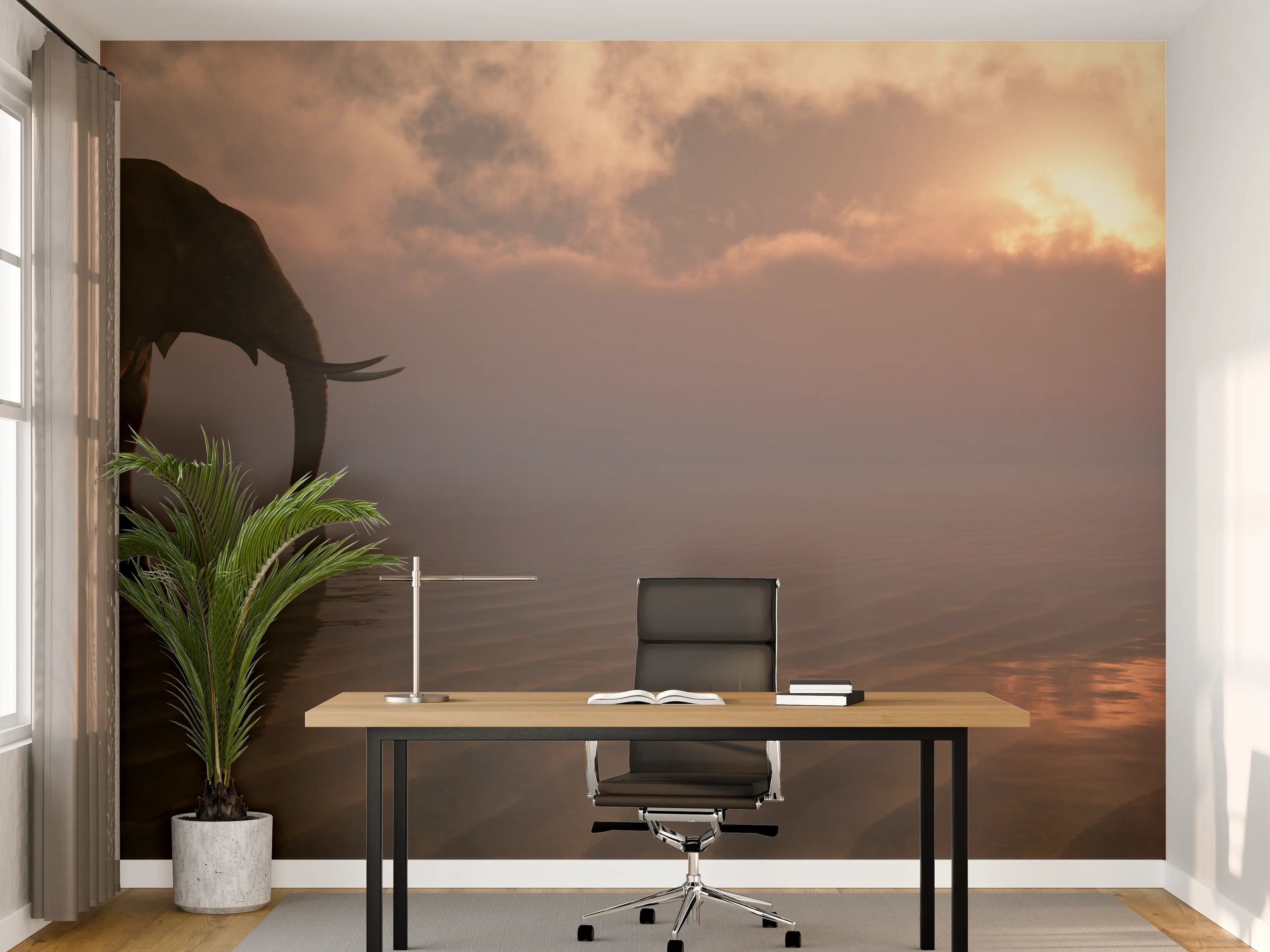 Büro Wandgestaltung - Elefanten bei Sonnenuntergang im Wasser