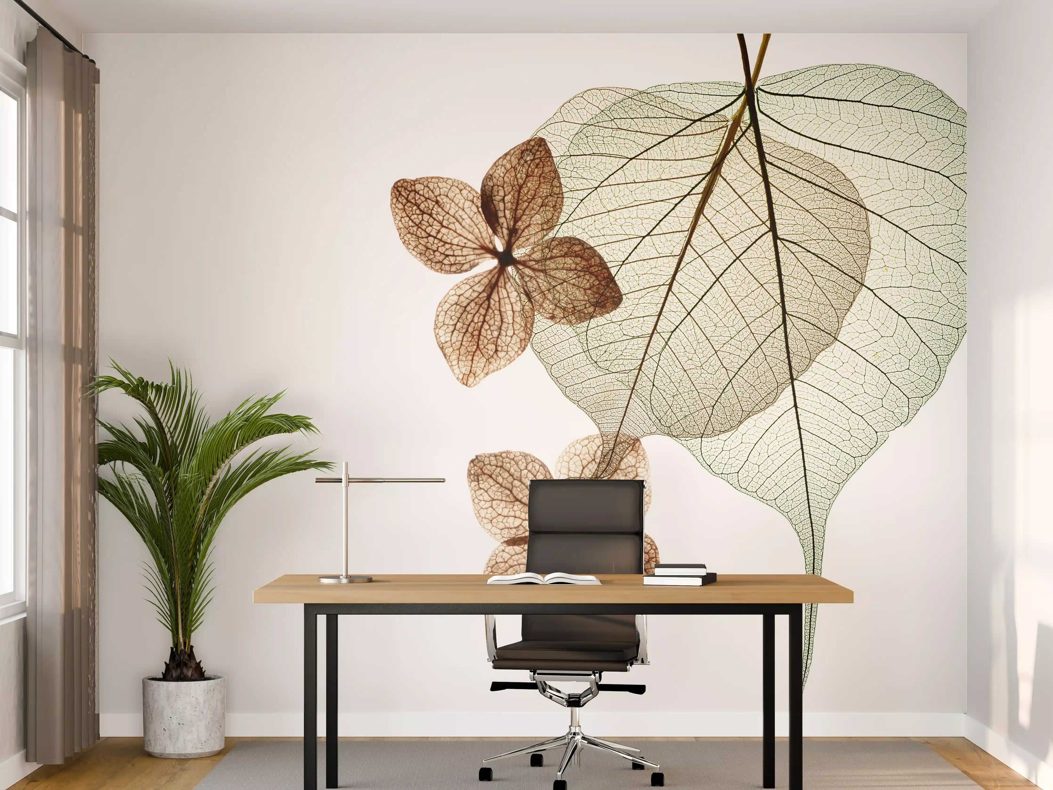 Büro Wandgestaltung - Elegante Blattadern in Weiß-Grau