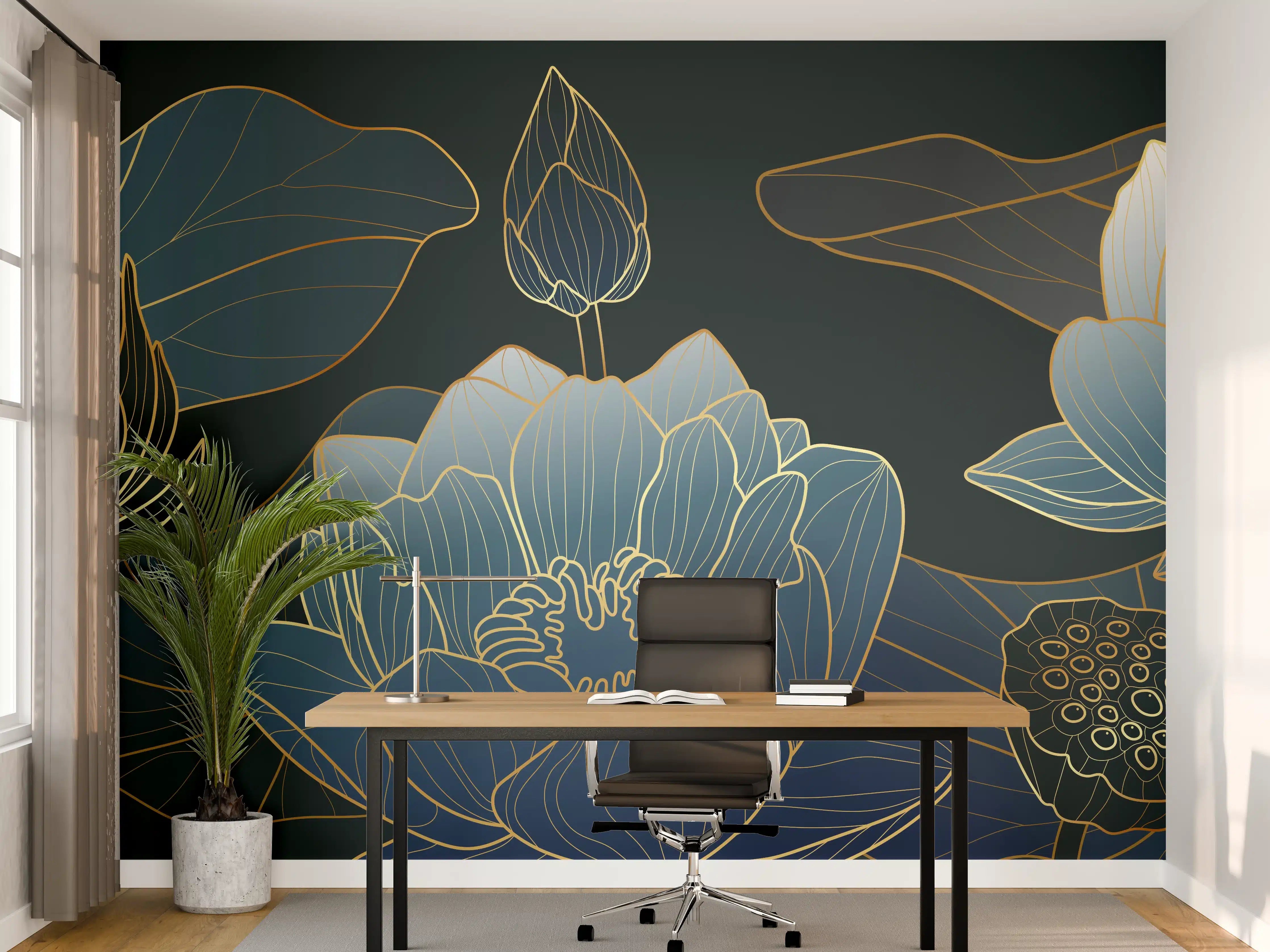 Büro Wandgestaltung - Elegante Blau-Weiße Blumenillustration
