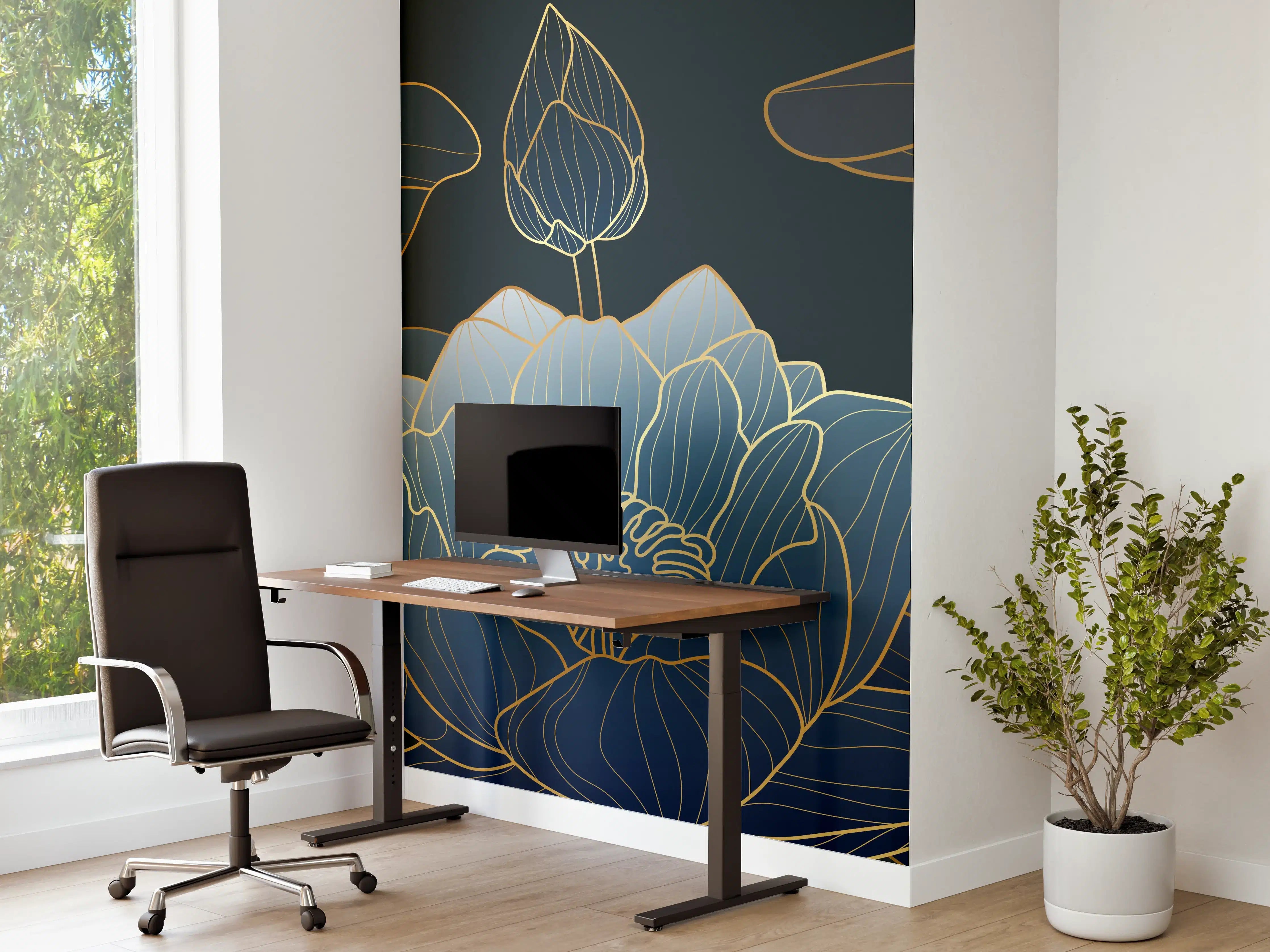 Büro Wandgestaltung - Elegante Blau-Weiße Blumenillustration
