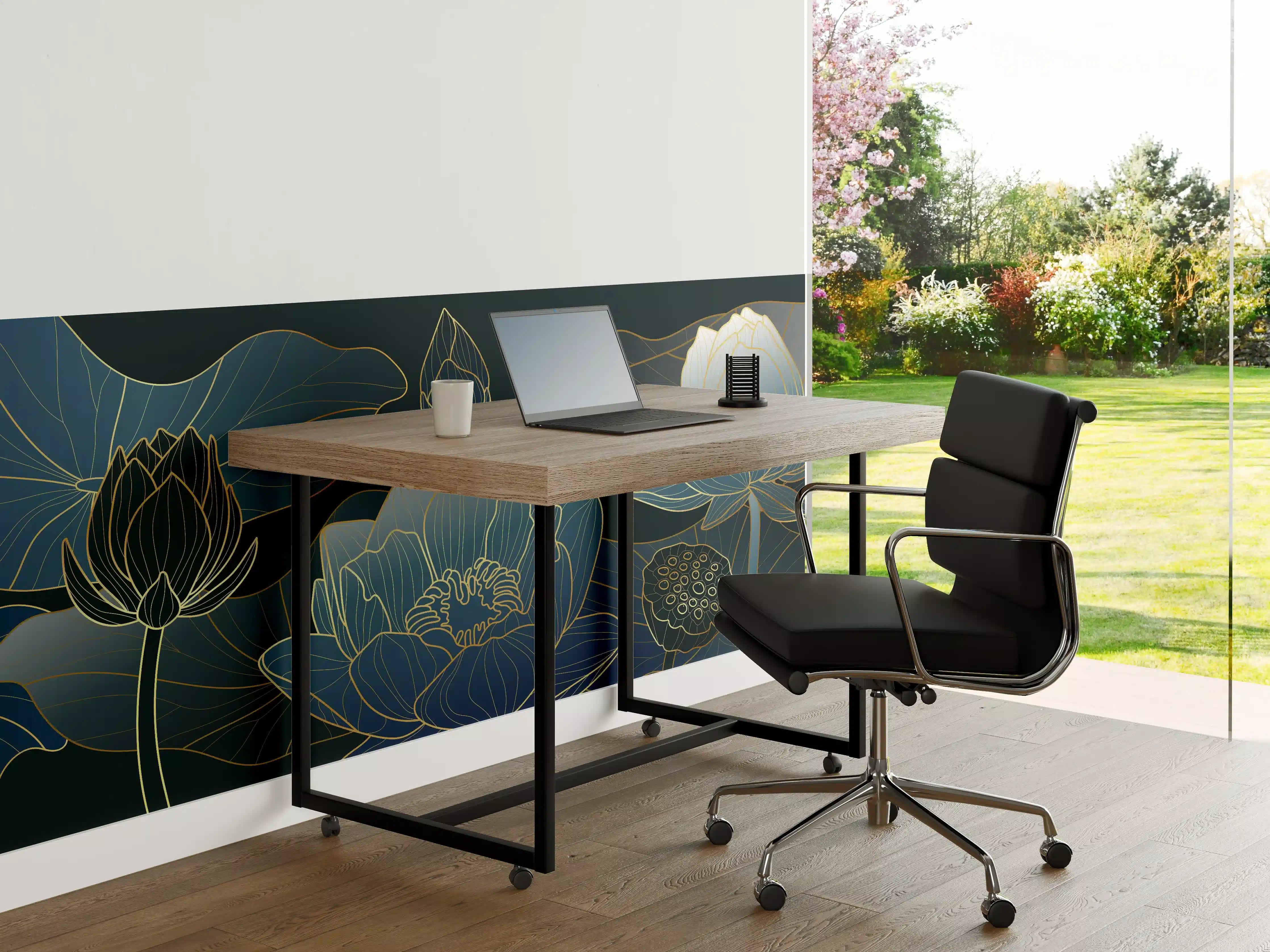 Büro Wandgestaltung - Elegante Blau-Weiße Blumenillustration