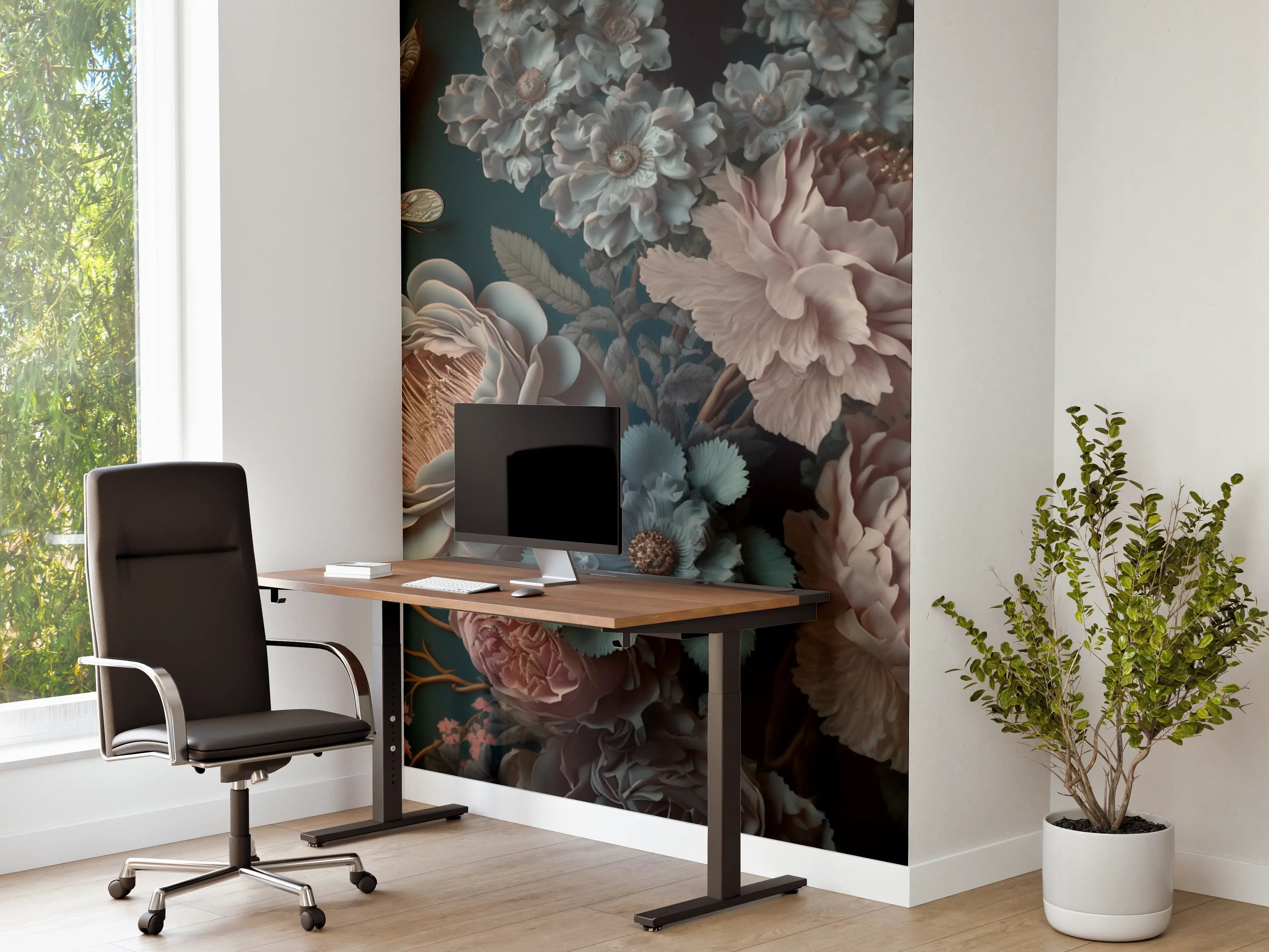 Büro Wandgestaltung - Elegante Blumen in dunklem Hintergrund