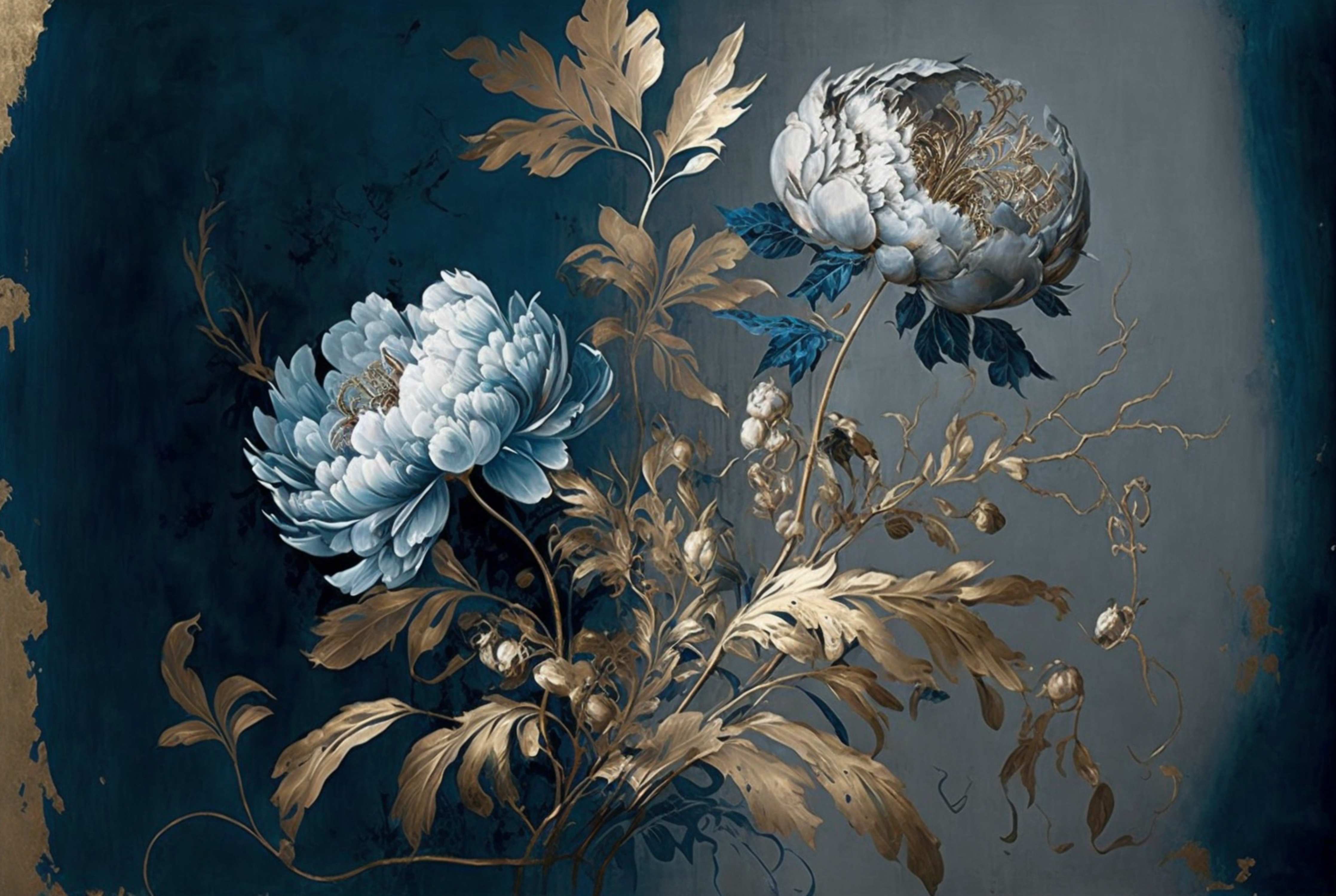 Büro Wandgestaltung-Elegante Blumenmalerei mit blauen und goldenen Akzenten