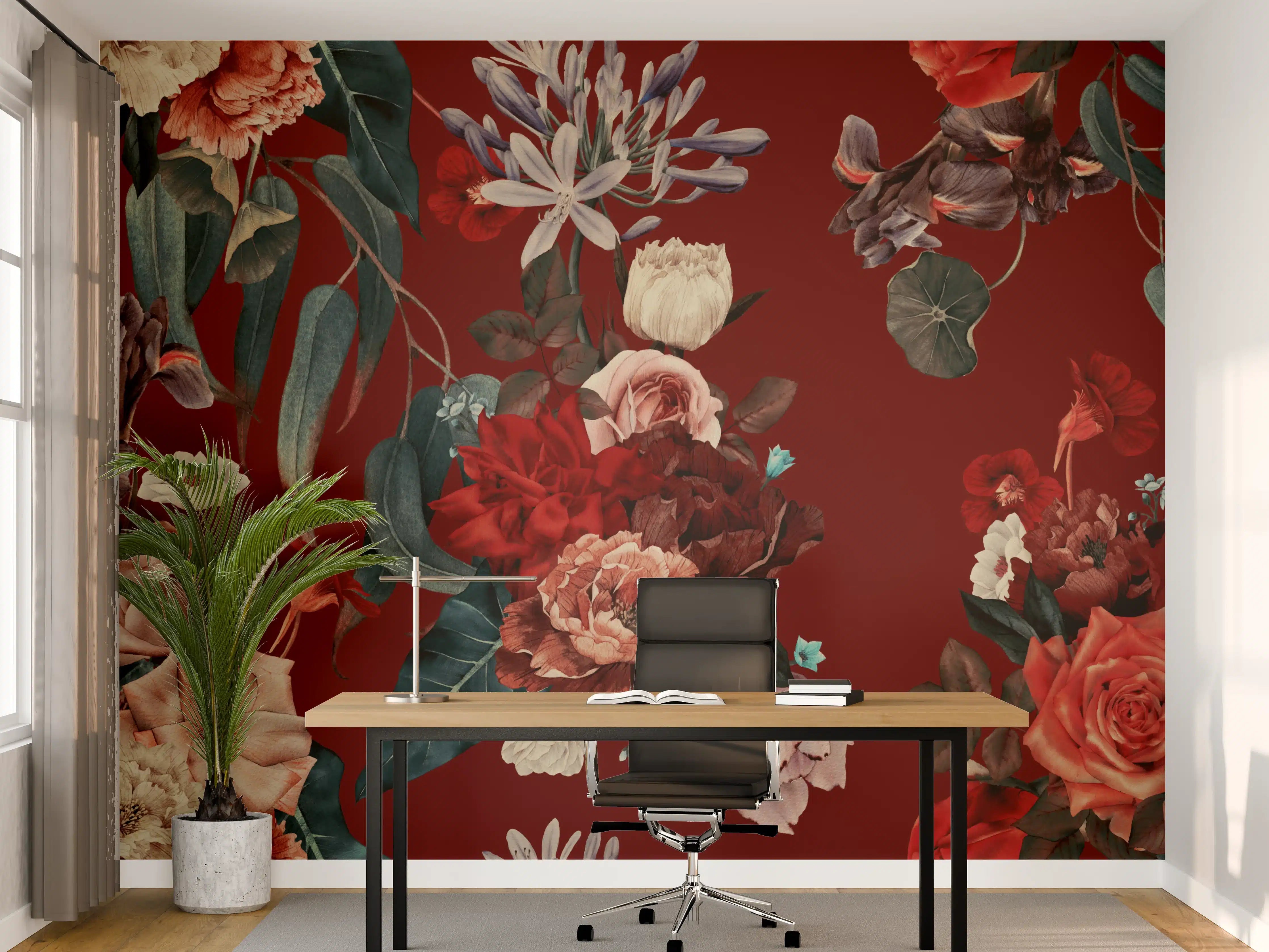 Büro Wandgestaltung - Elegante Blumenmuster in dunklem Rot