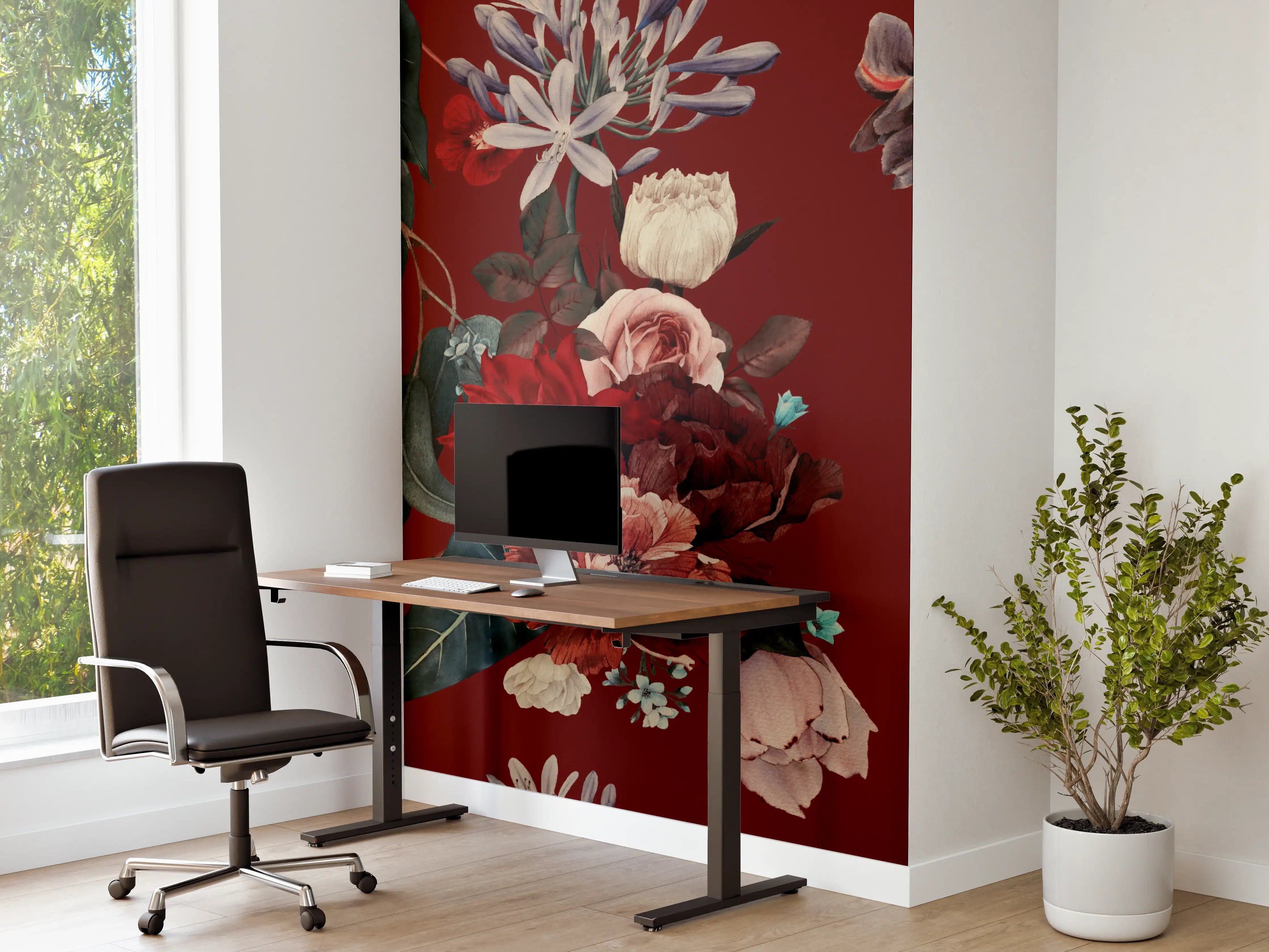 Büro Wandgestaltung - Elegante Blumenmuster in dunklem Rot