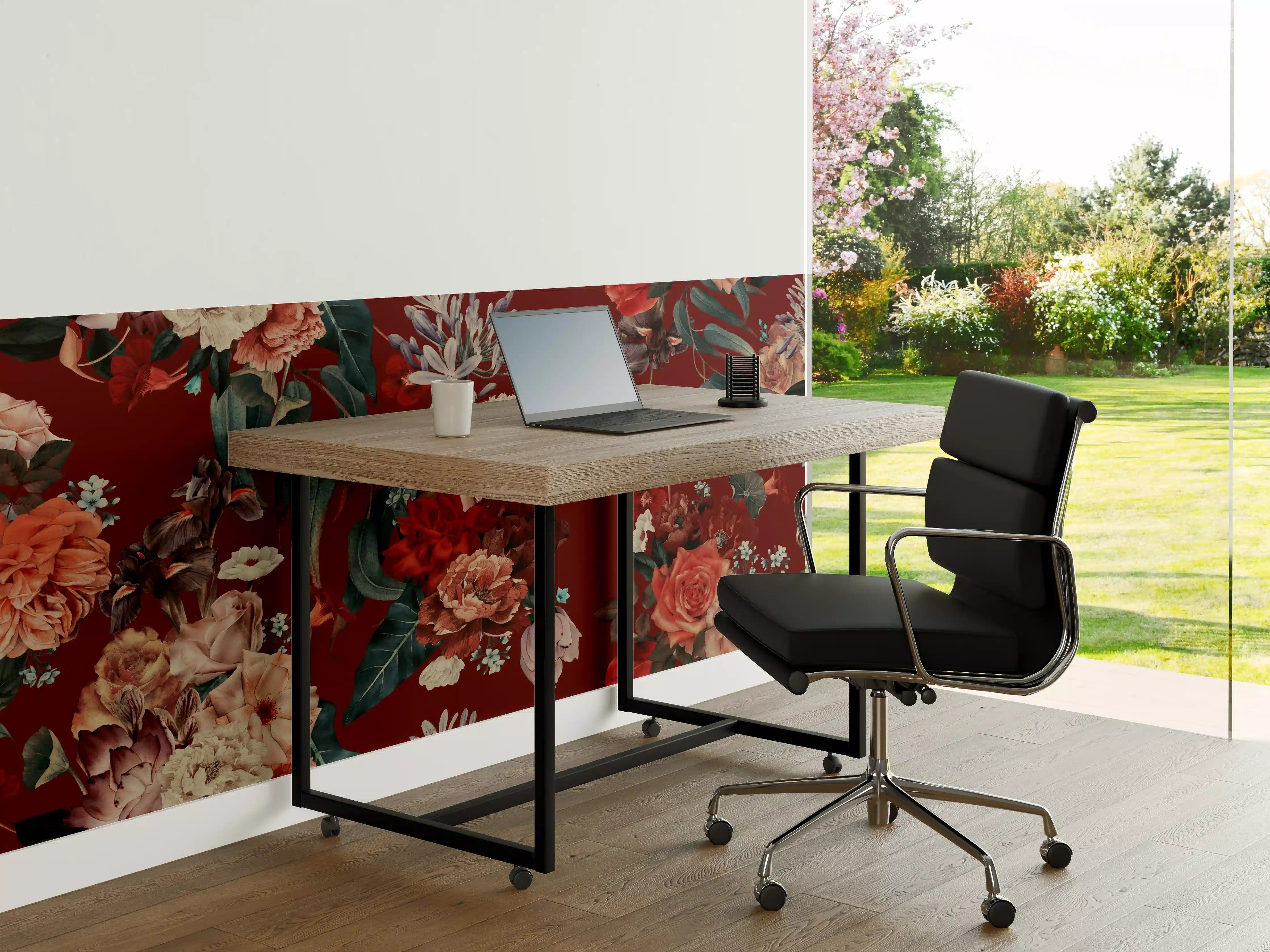 Büro Wandgestaltung - Elegante Blumenmuster in dunklem Rot