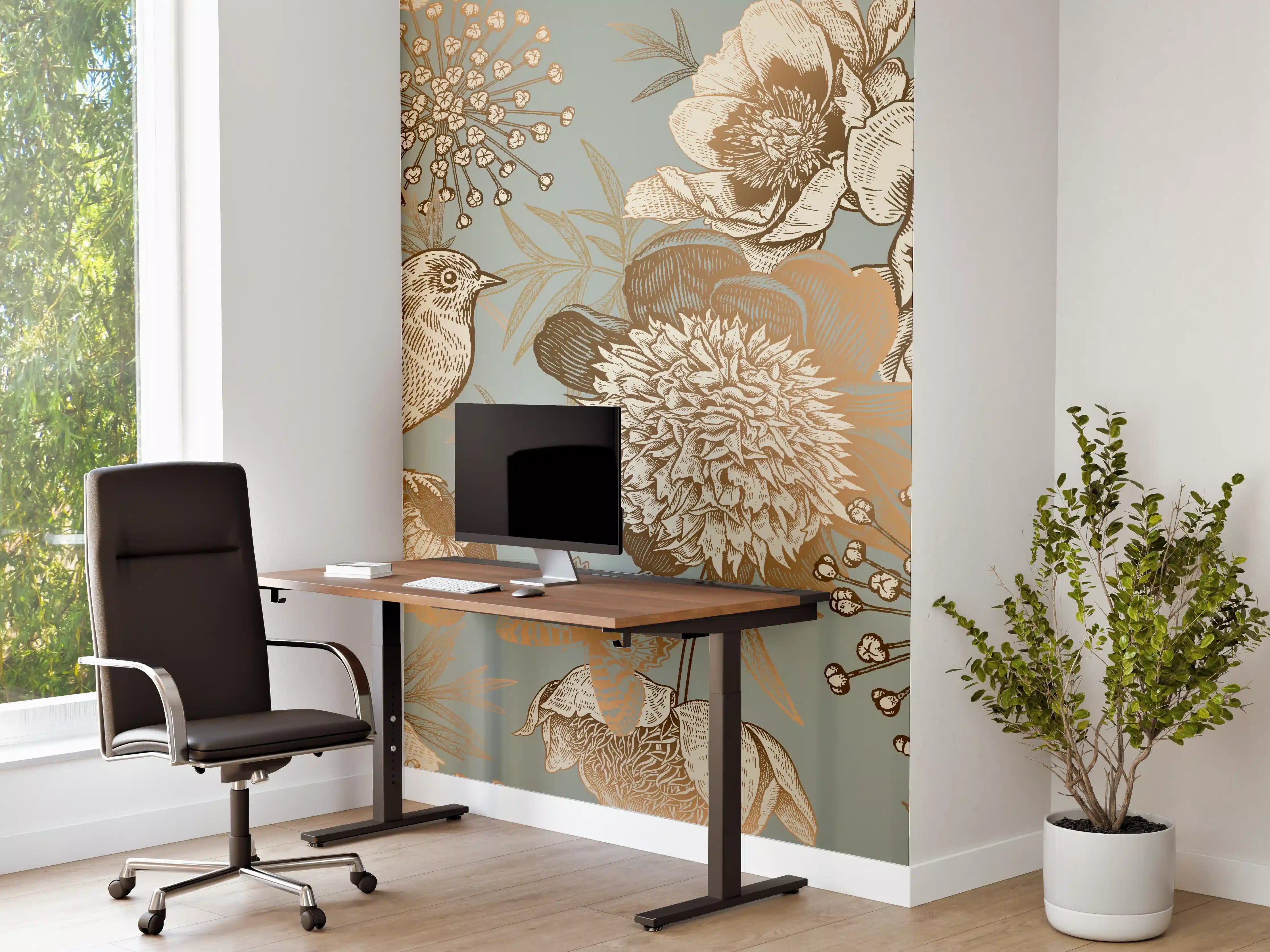 Büro Wandgestaltung - Elegante Blumenmuster mit Vögeln in Sepia-Tönen