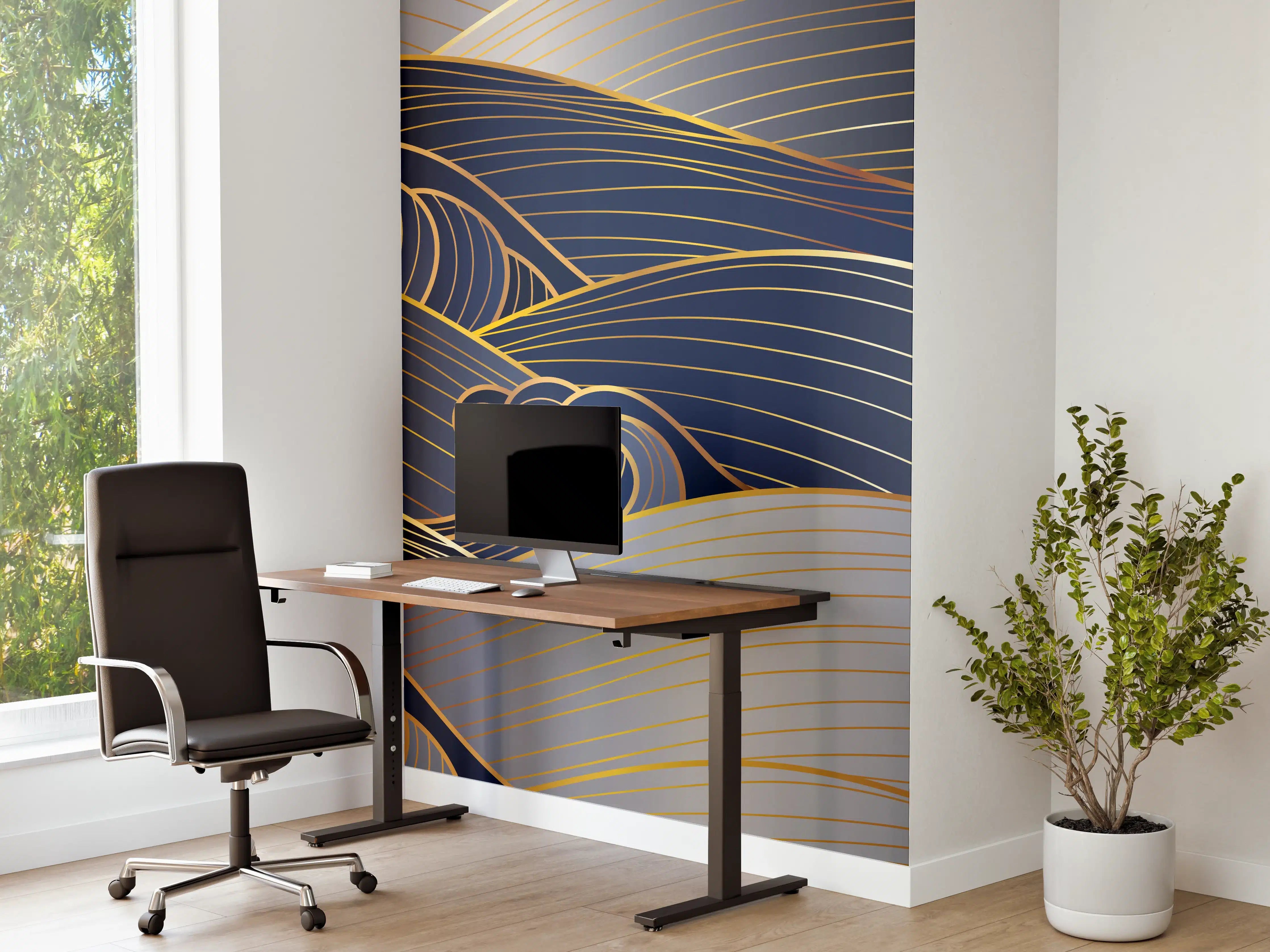 Büro Wandgestaltung - Elegante Gold-Blau Wellentextur