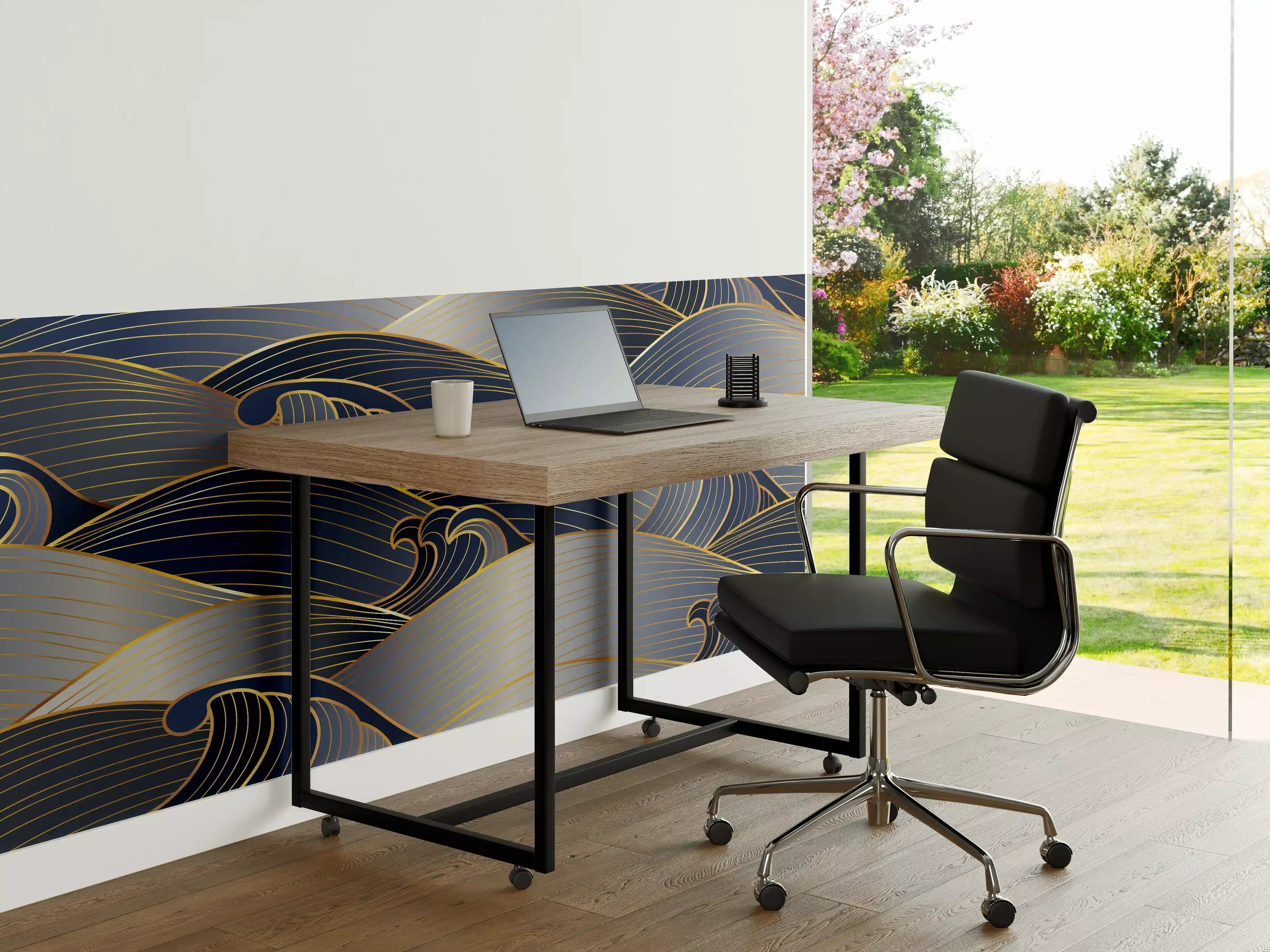Büro Wandgestaltung - Elegante Gold-Blau Wellentextur