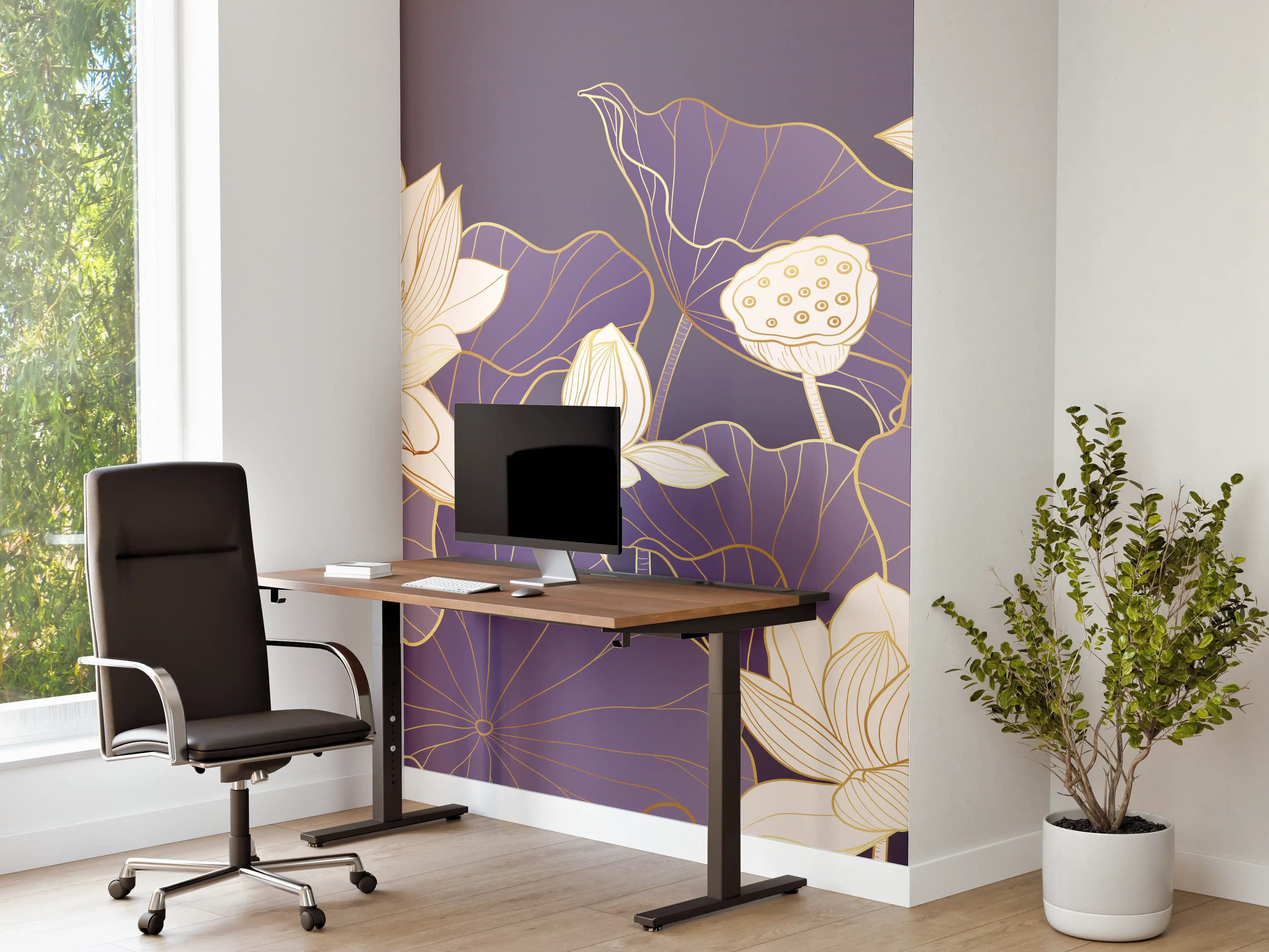 Büro Wandgestaltung - Elegante Lotus-Blumen auf dunklem lila Hintergrund
