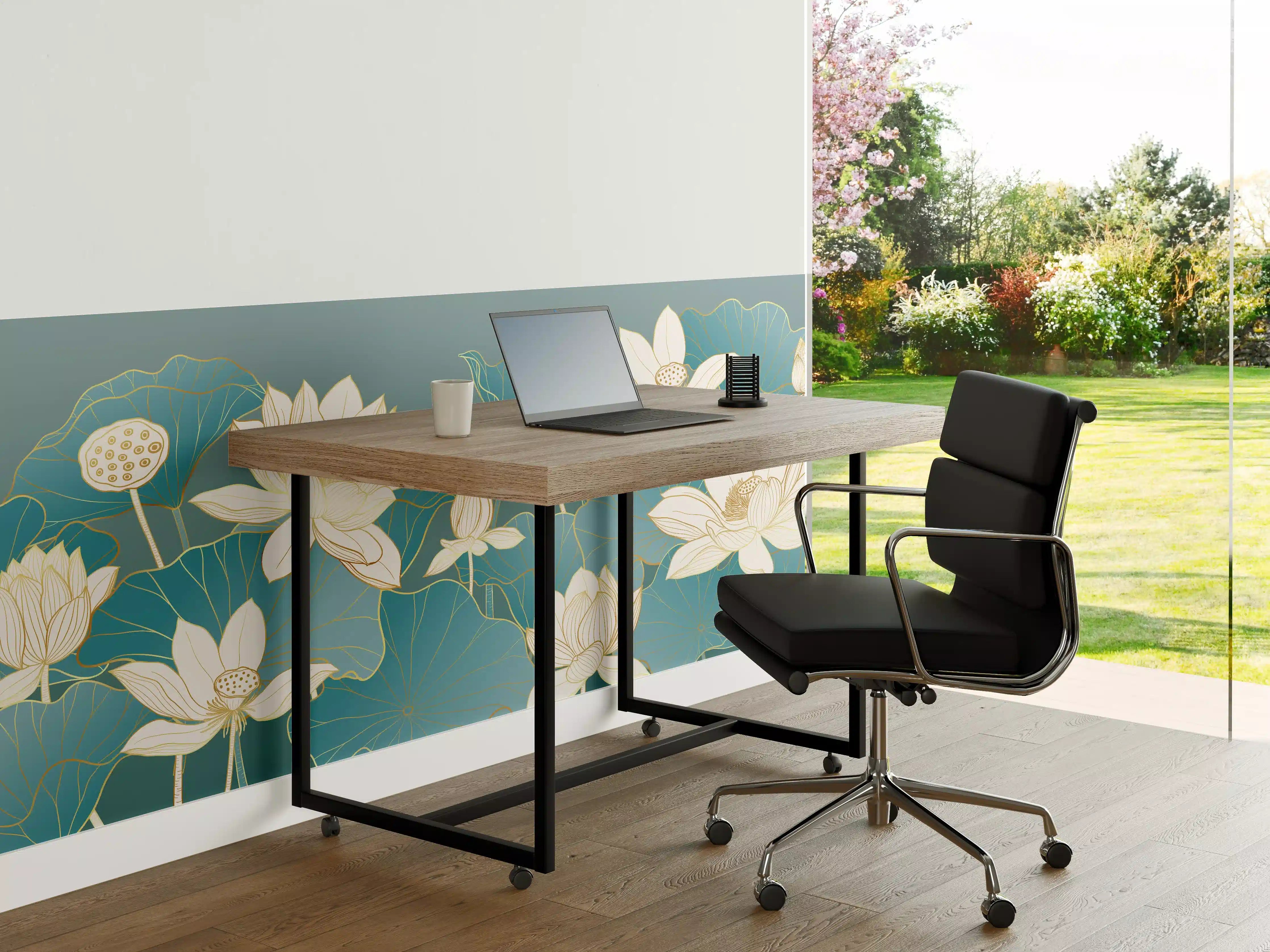 Büro Wandgestaltung - Elegante Lotusblumen auf Blau- und Beige-Tönen