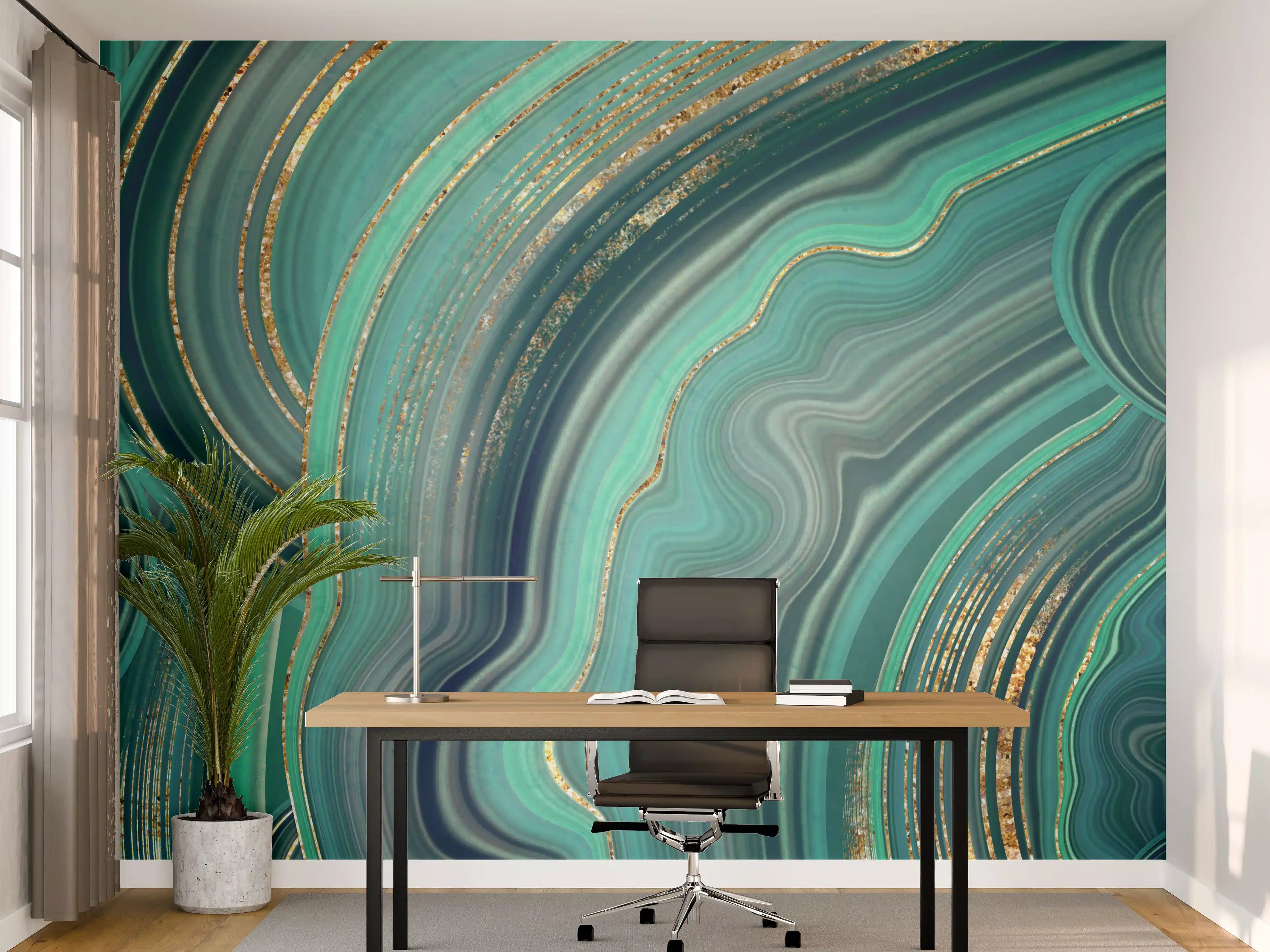 Büro Wandgestaltung - Elegante Türkis- und Gold-Design mit Marmoreffekt