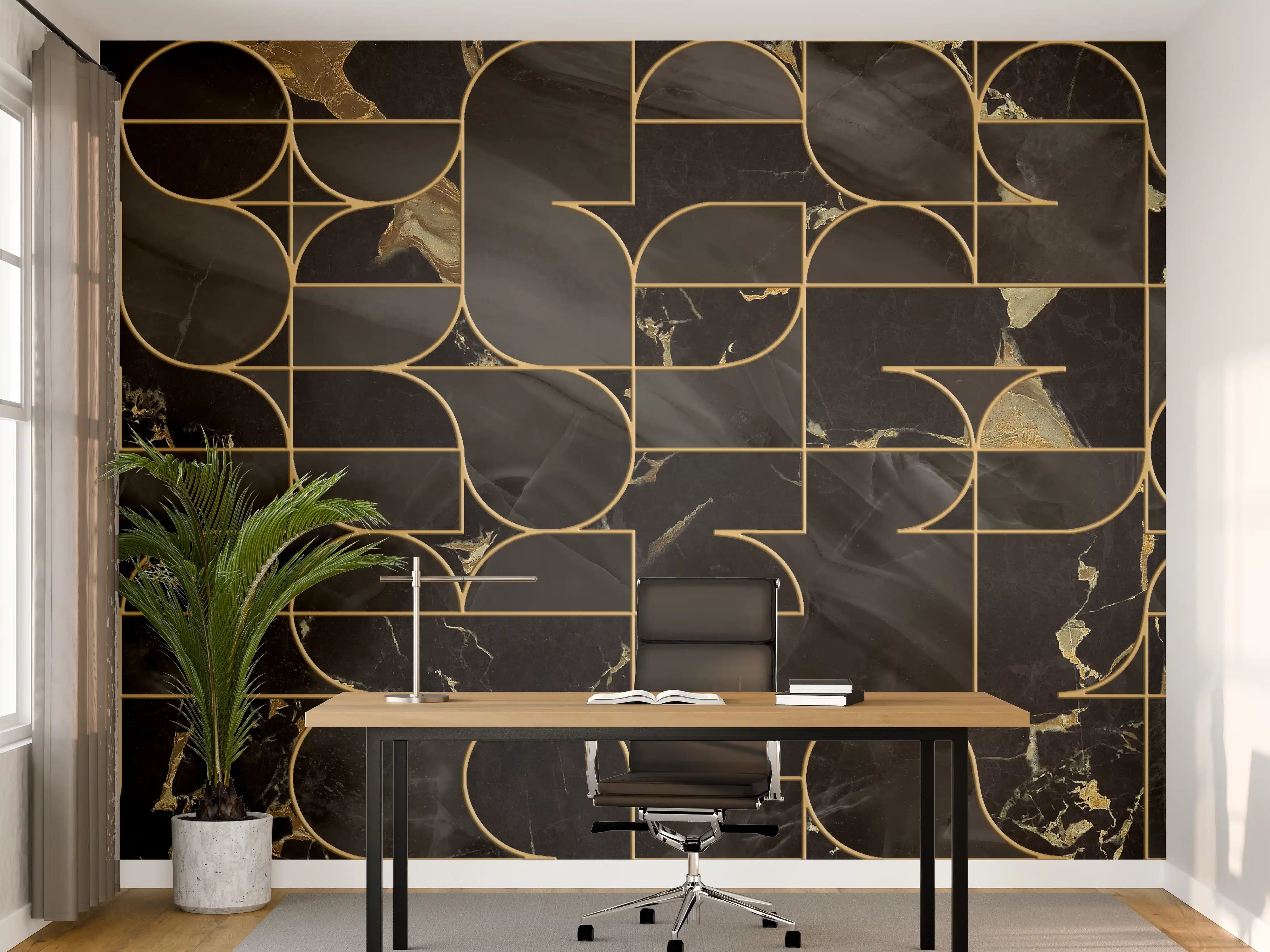 Büro Wandgestaltung - Elegante schwarze Marmor-Textur mit goldenen Linien