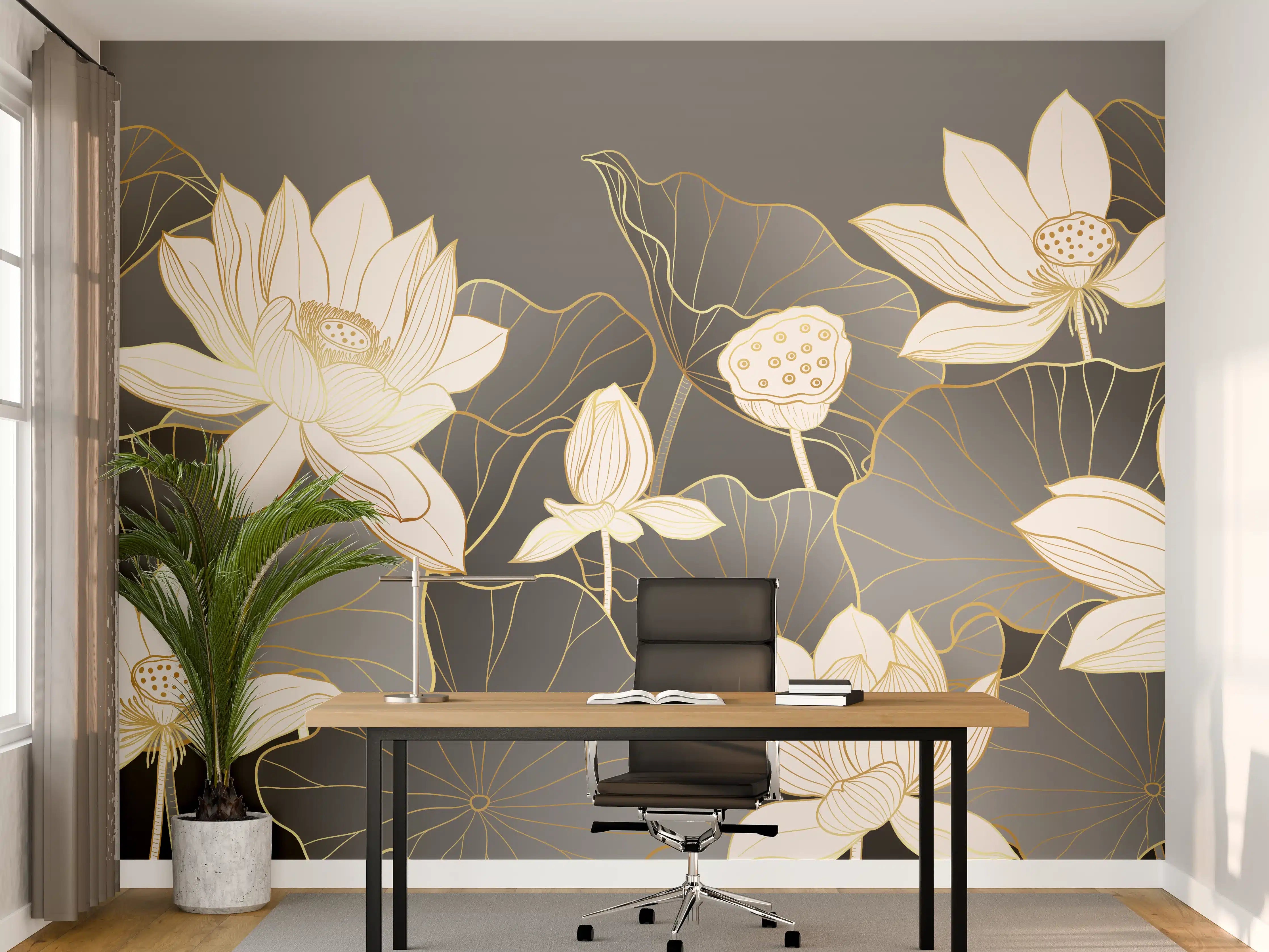 Büro Wandgestaltung - Elegante weiße Lotusblumen auf dunklem Hintergrund