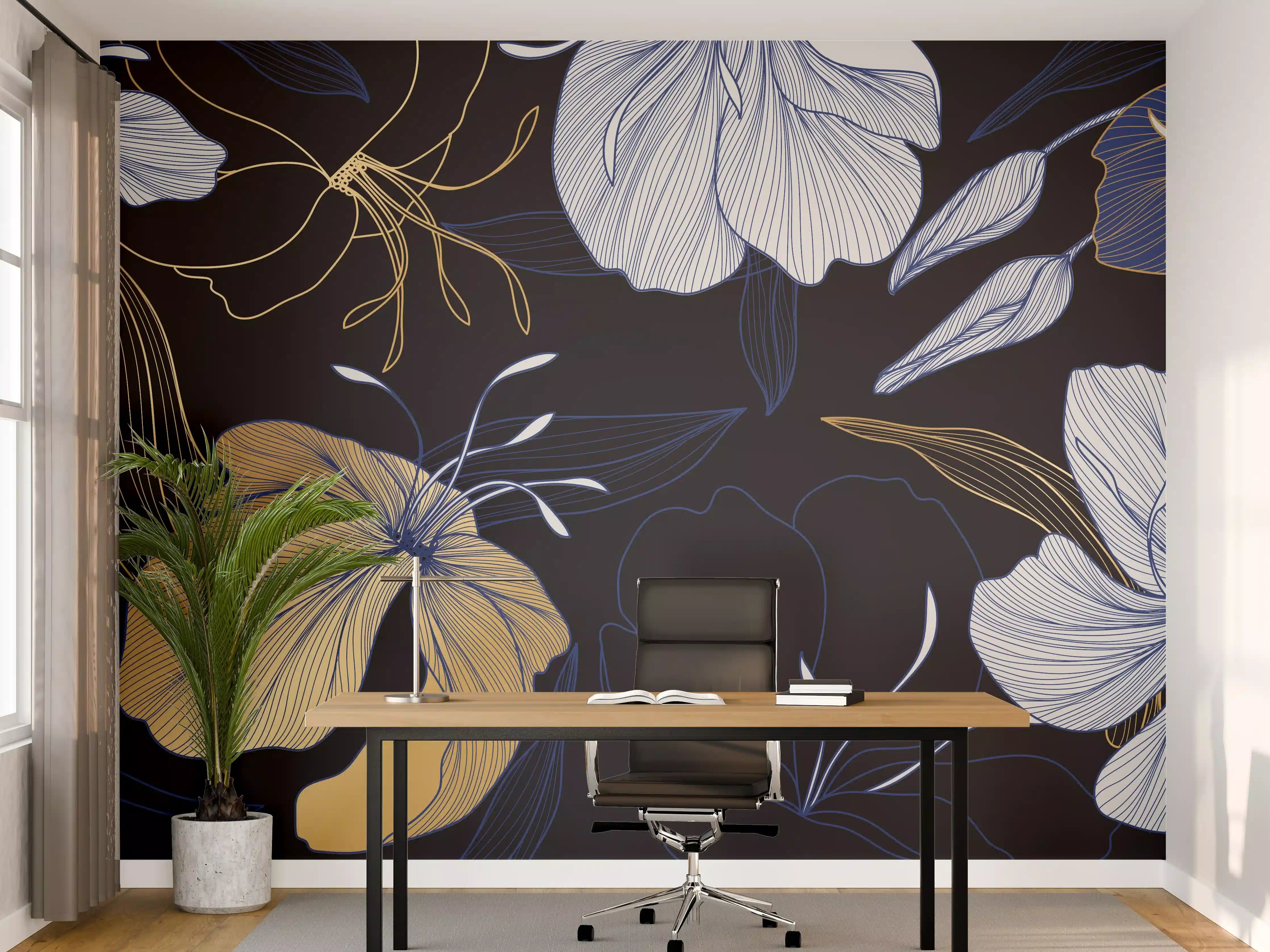 Büro Wandgestaltung - Elegantes Blumen-Muster Dunkelblau