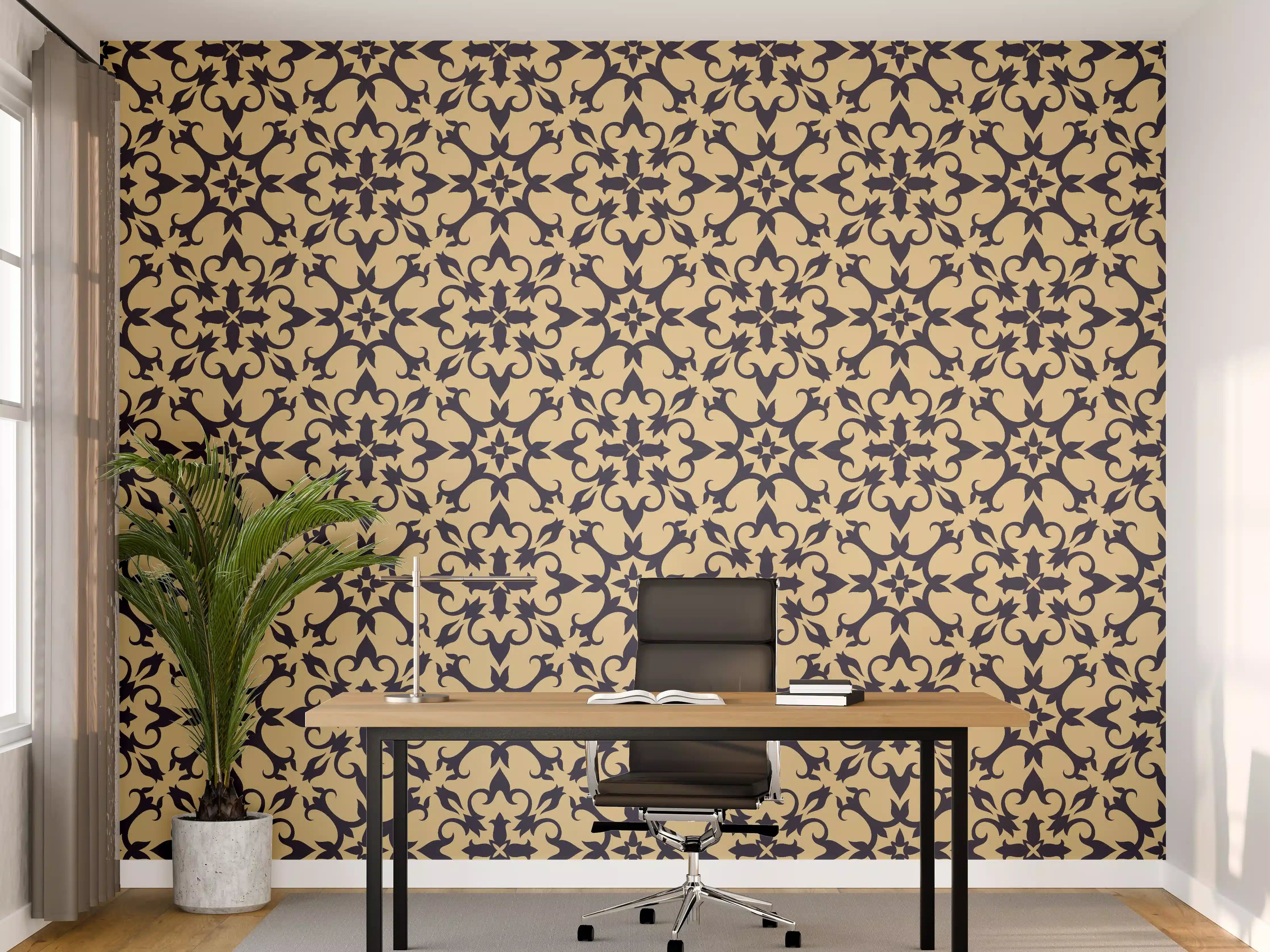 Büro Wandgestaltung - Elegantes viktorianisches Muster in Beige und Dunkelblau