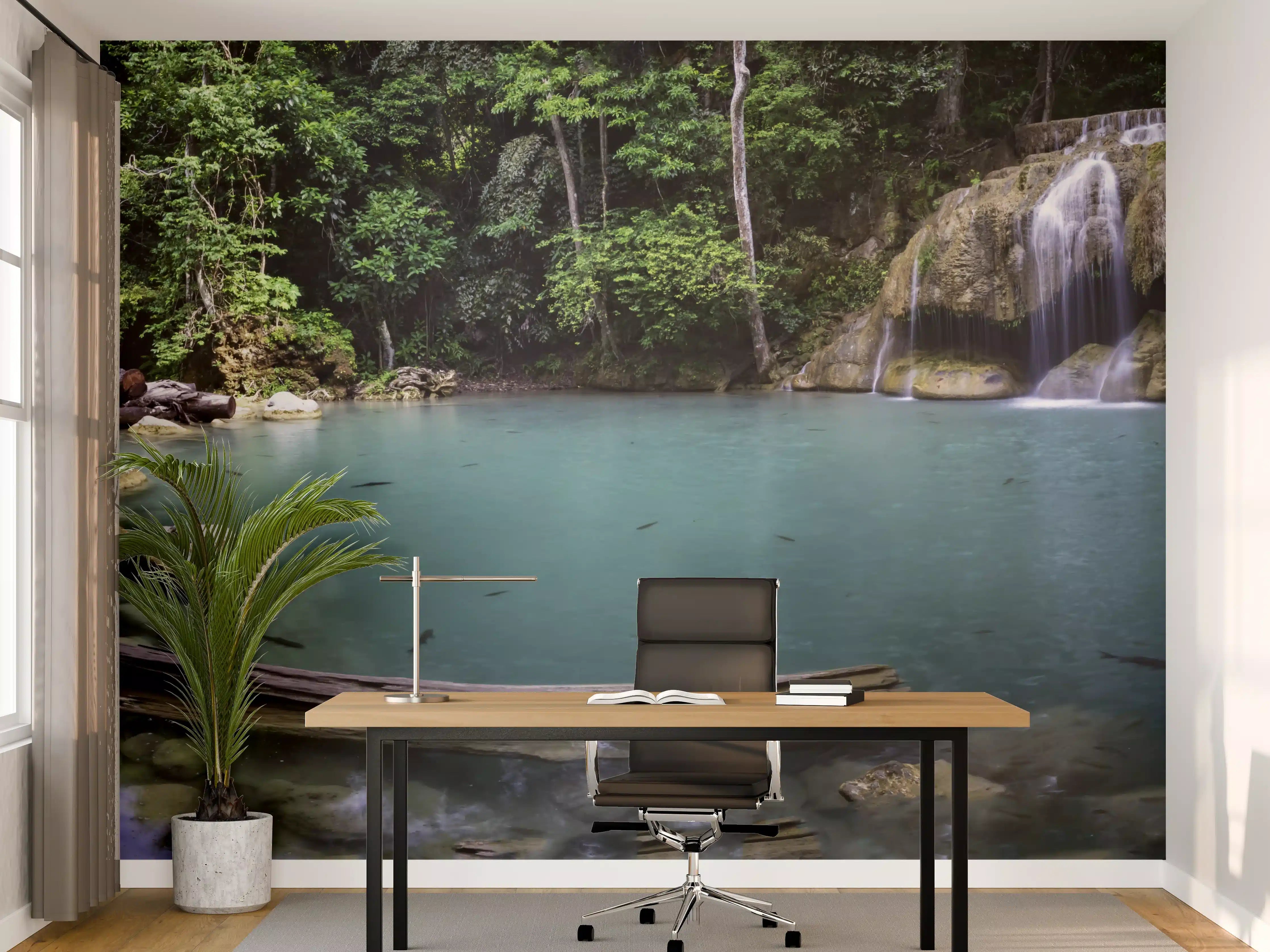 Büro Wandgestaltung - Erawan-Wasserfall im tropischen Dschungel Surrou