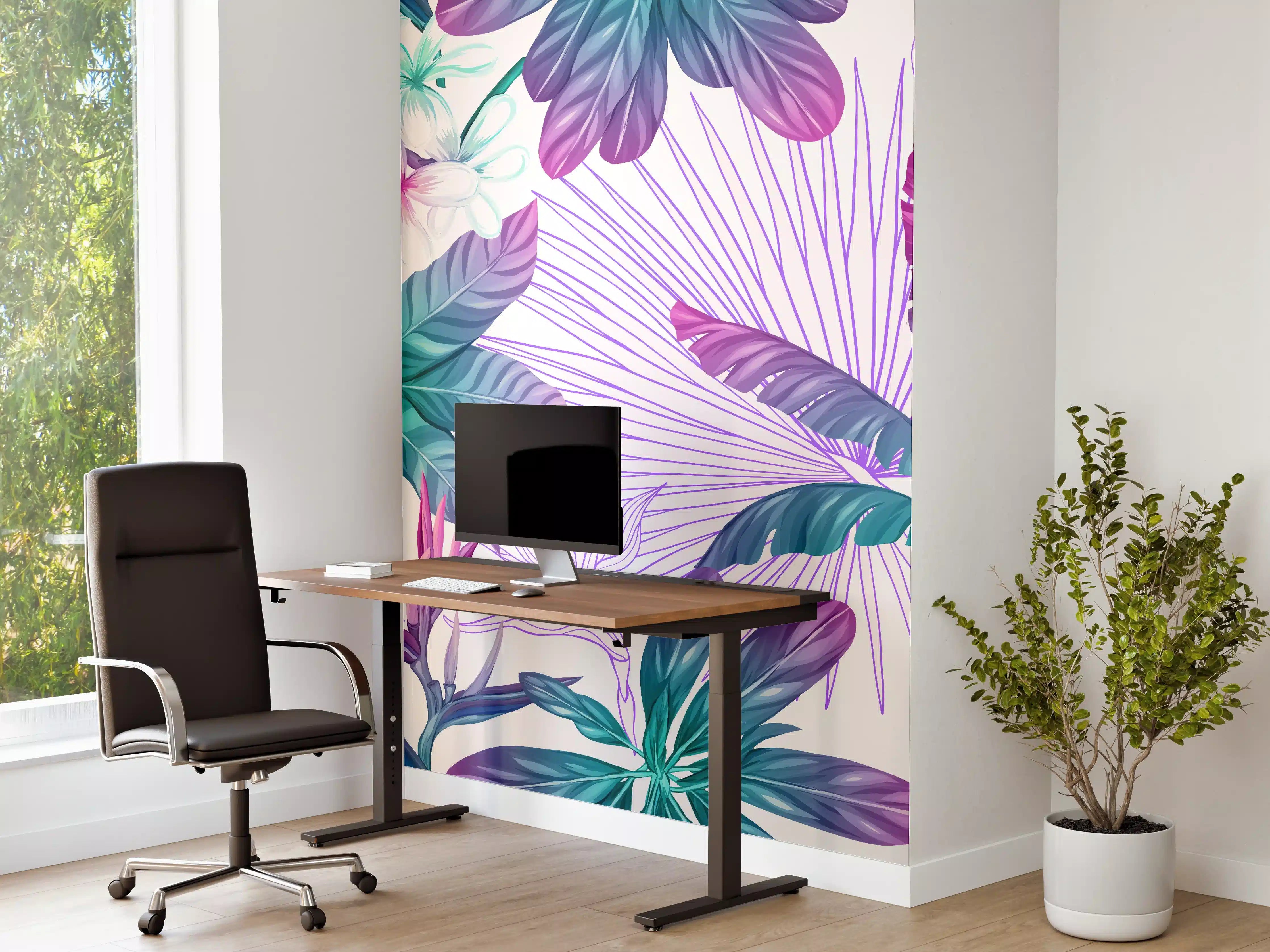 Büro Wandgestaltung - Exotische Pflanzenmuster Lila-Blau