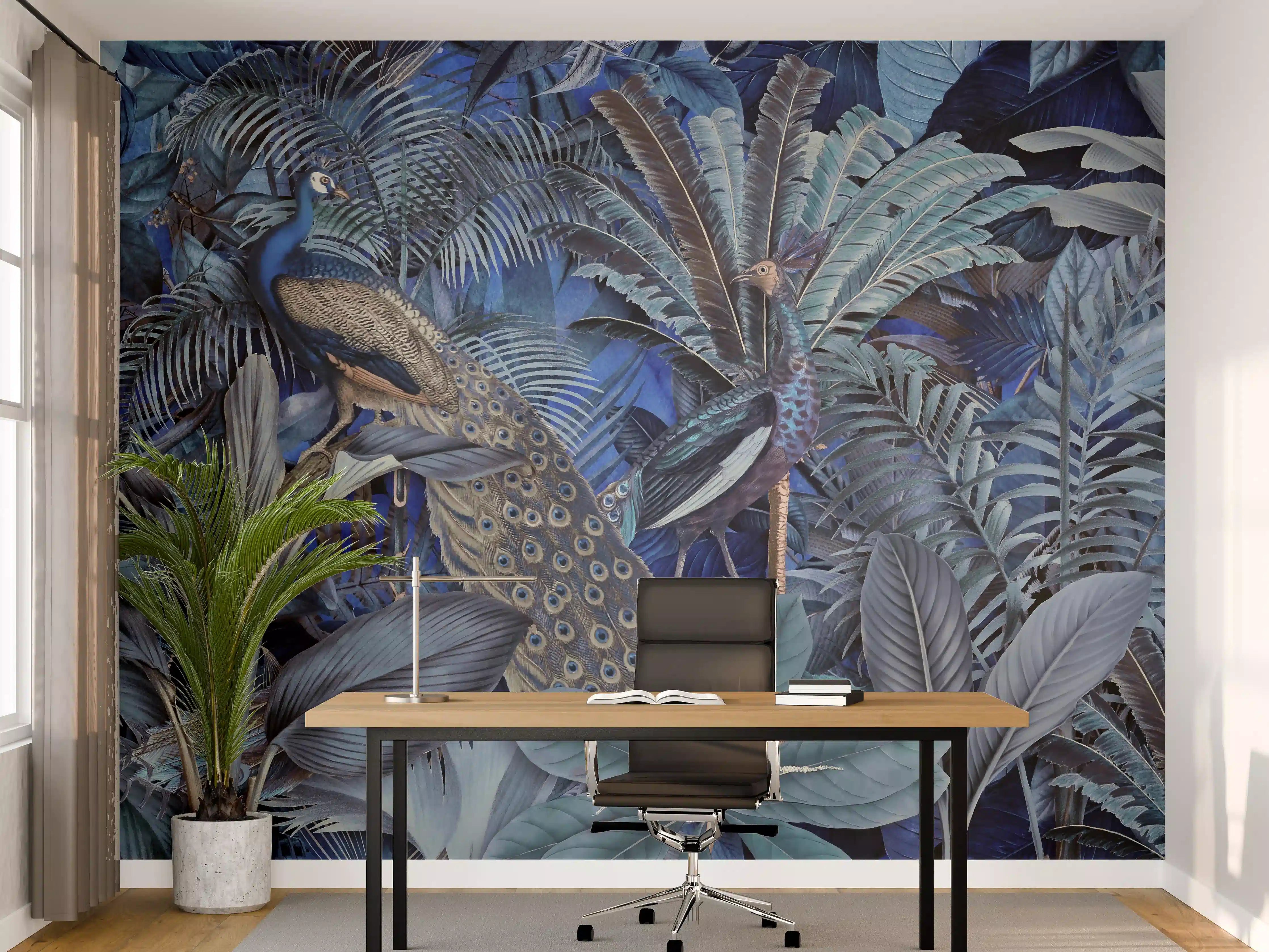 Büro Wandgestaltung - Exotischer Garten - Blaue Pfauen