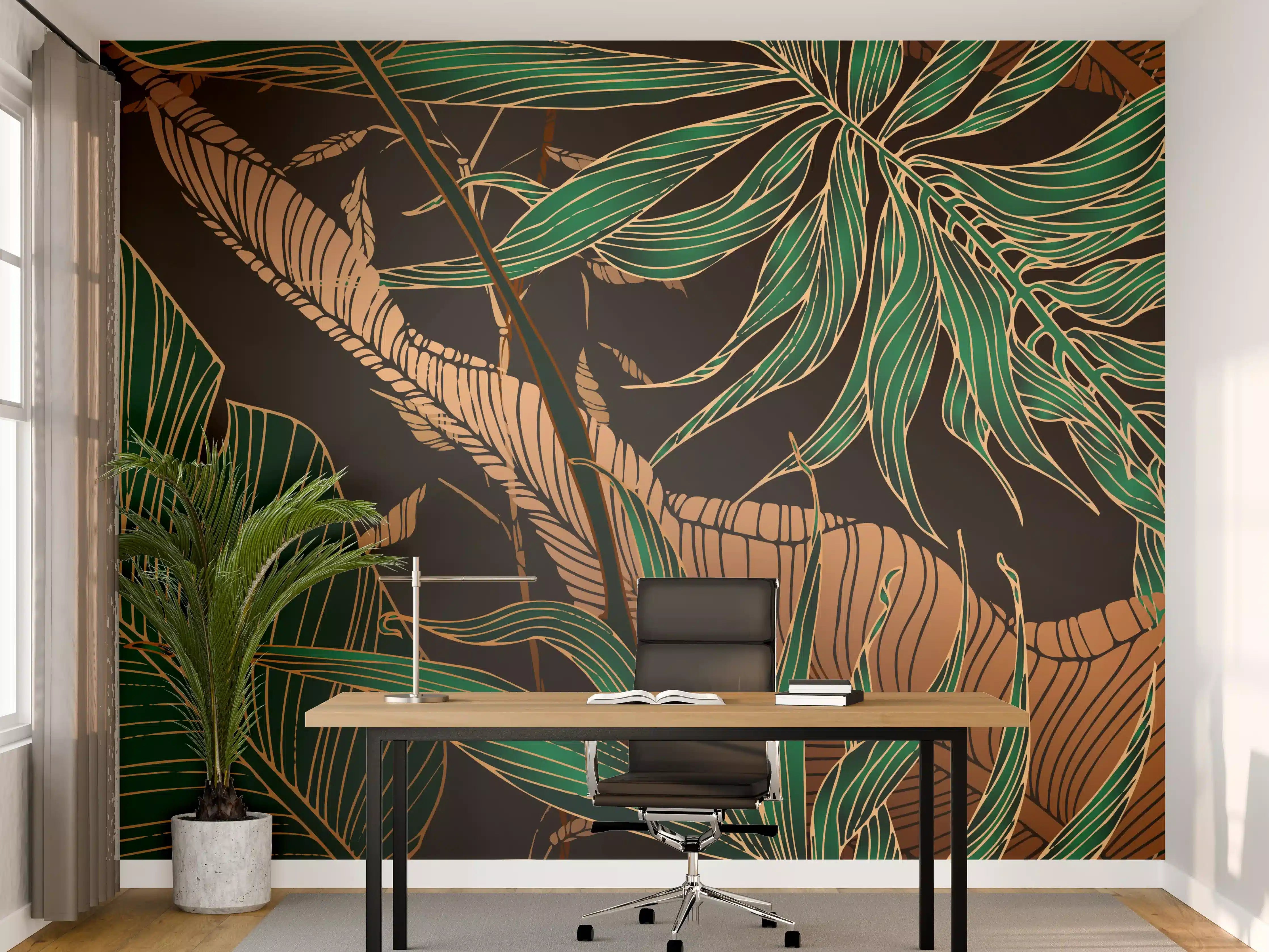Büro Wandgestaltung - Exotisches Blattmuster Dunkel
