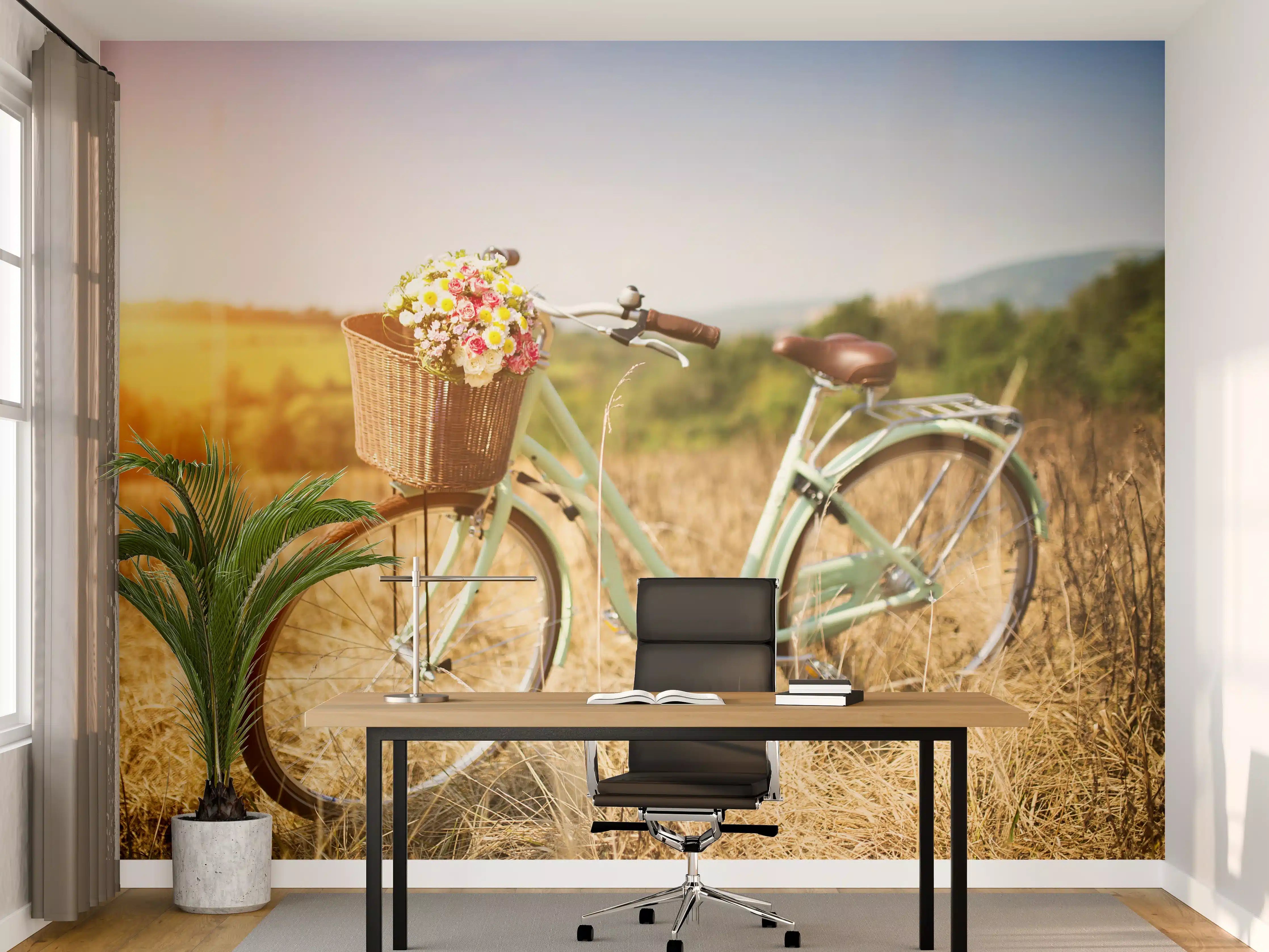 Büro Wandgestaltung - Fahrrad mit Blumenkorb auf Wiese 
