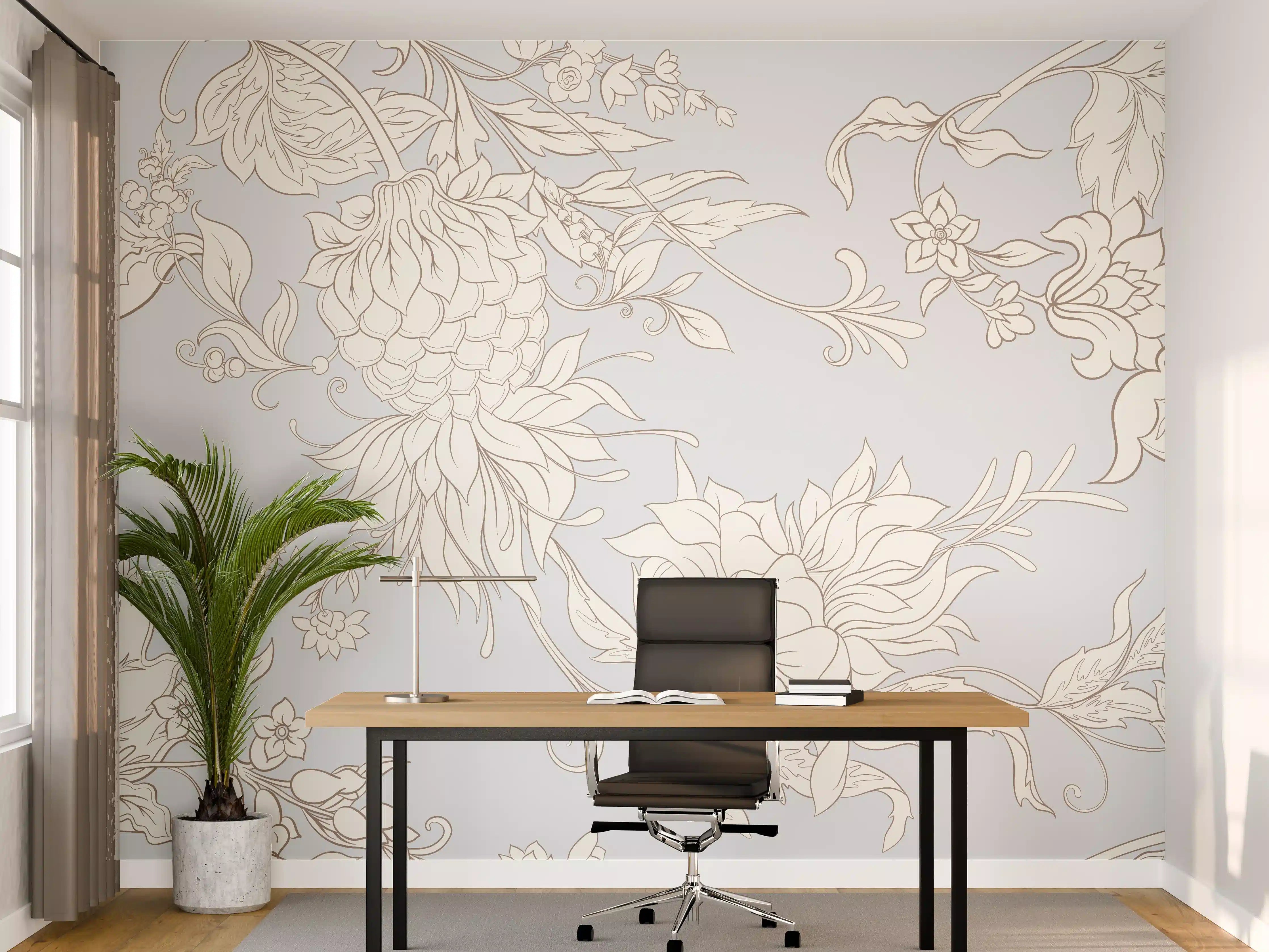 Büro Wandgestaltung - Fantasievolle Blumenzeichnung Weiß-Grau