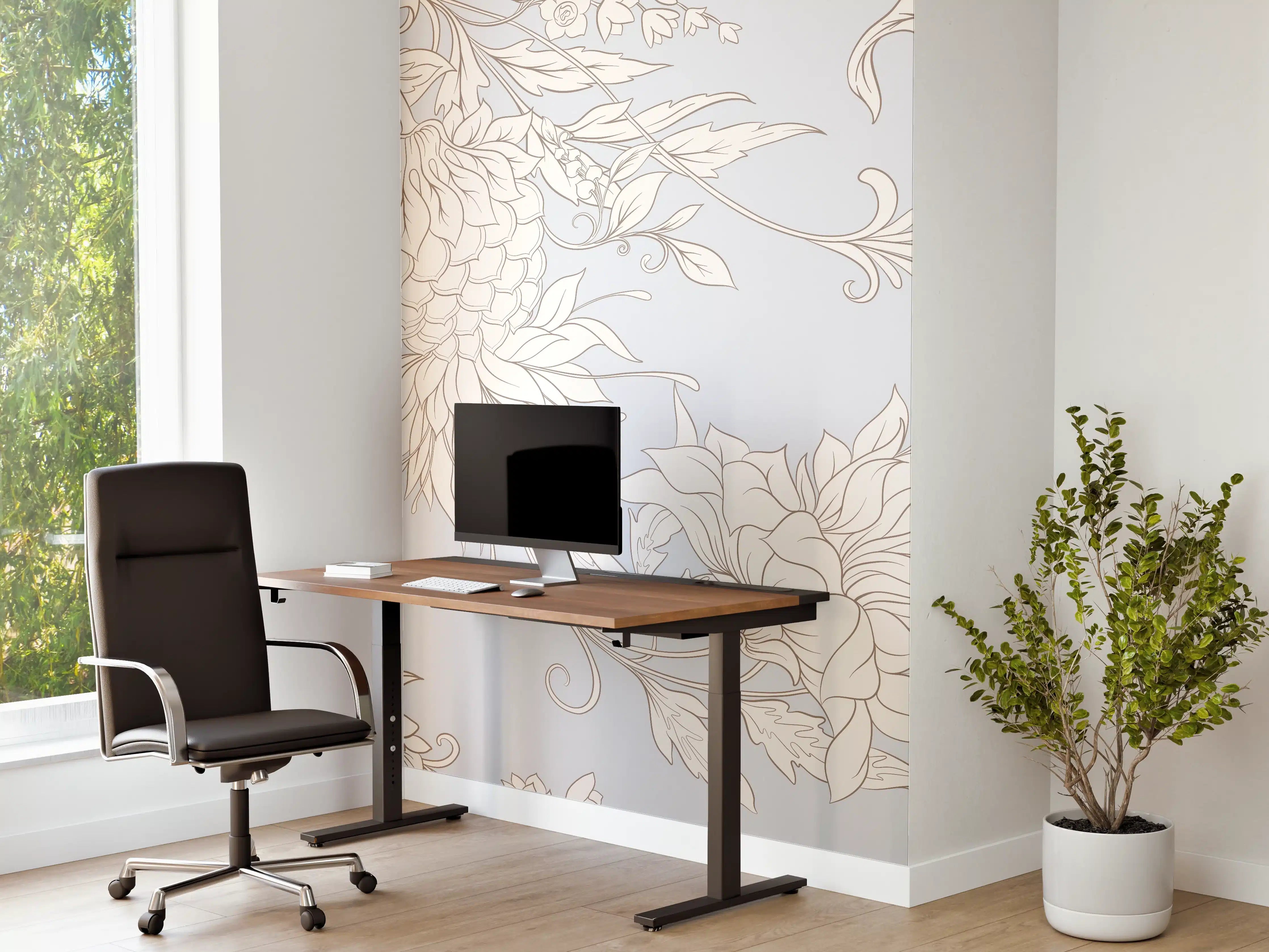 Büro Wandgestaltung - Fantasievolle Blumenzeichnung Weiß-Grau