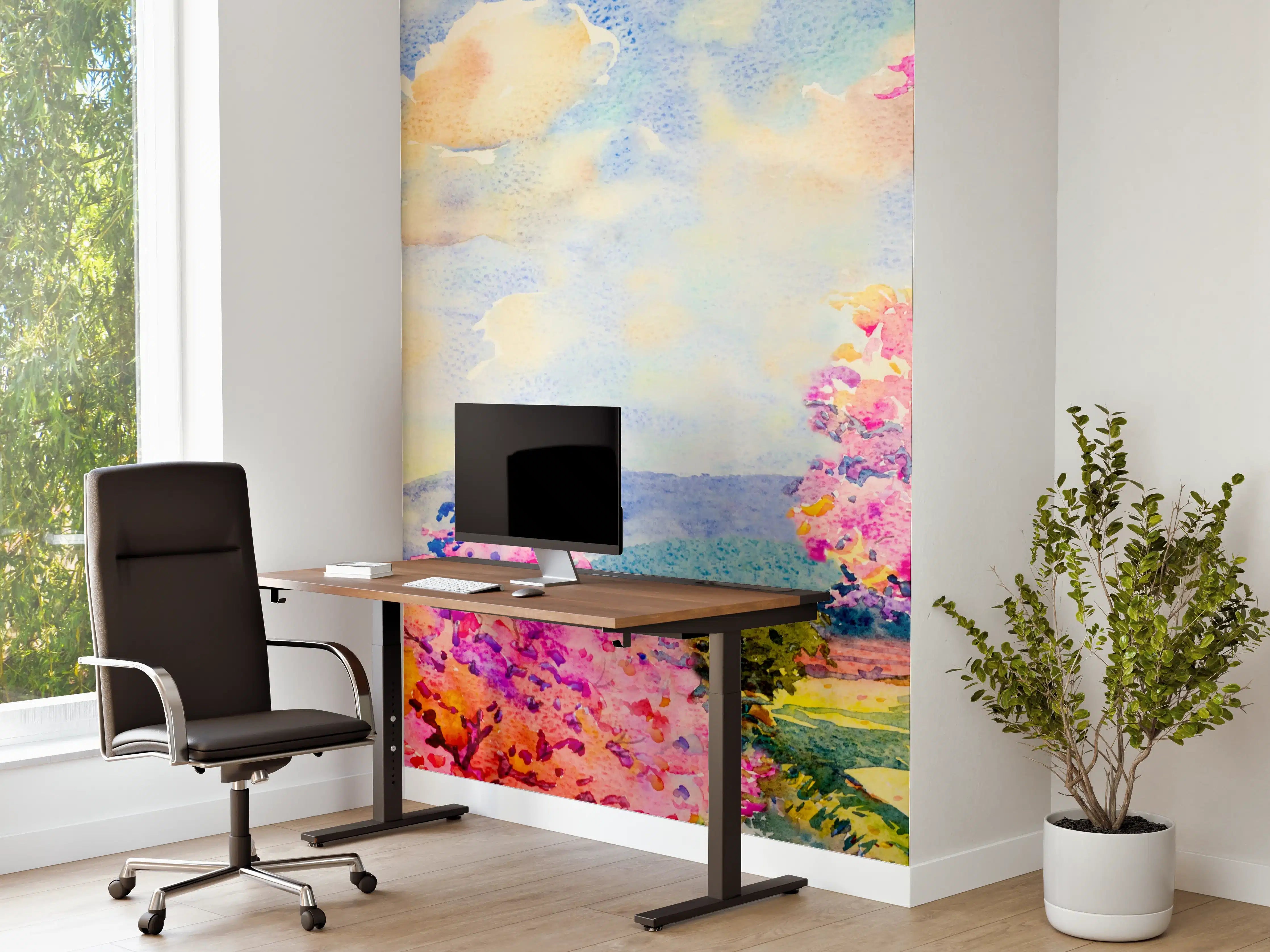 Büro Wandgestaltung - Farbenfrohe Aquarell-Blumenlandschaft