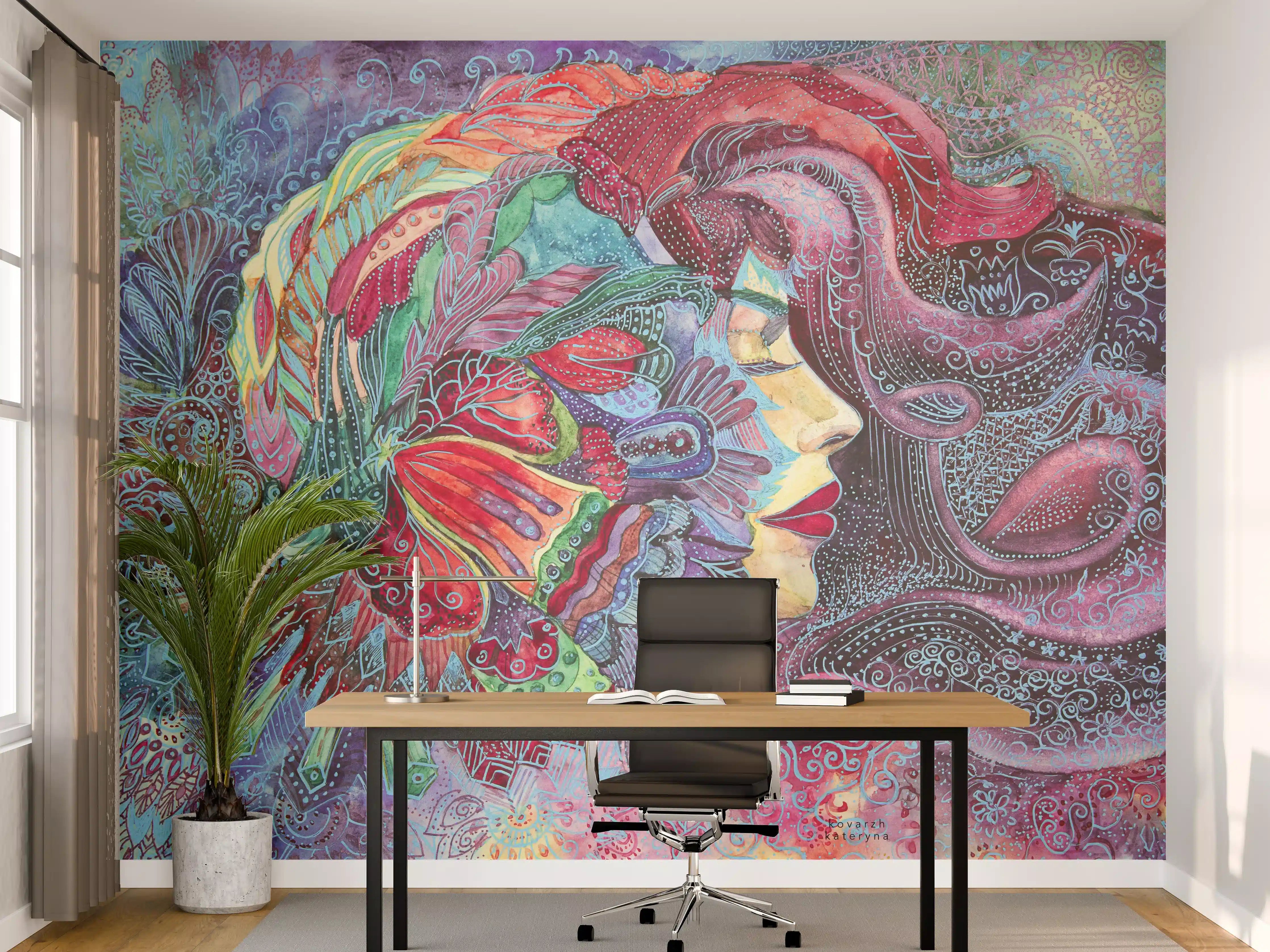 Büro Wandgestaltung - Farbenfrohes Kopfportrait mit fantasievollen Mustern