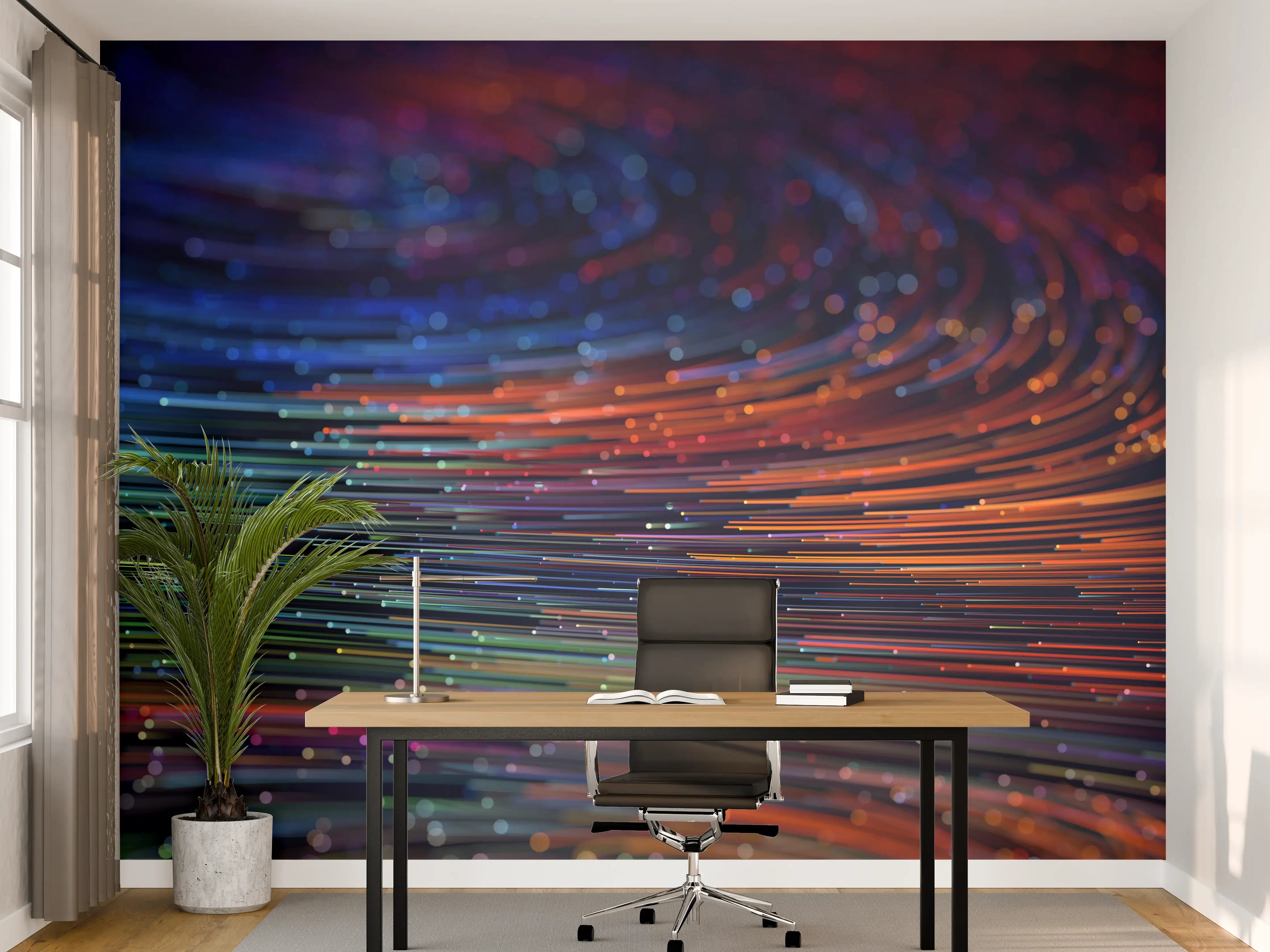 Büro Wandgestaltung - Farbenfrohes Liniendesign mit dynamischer Bewegung