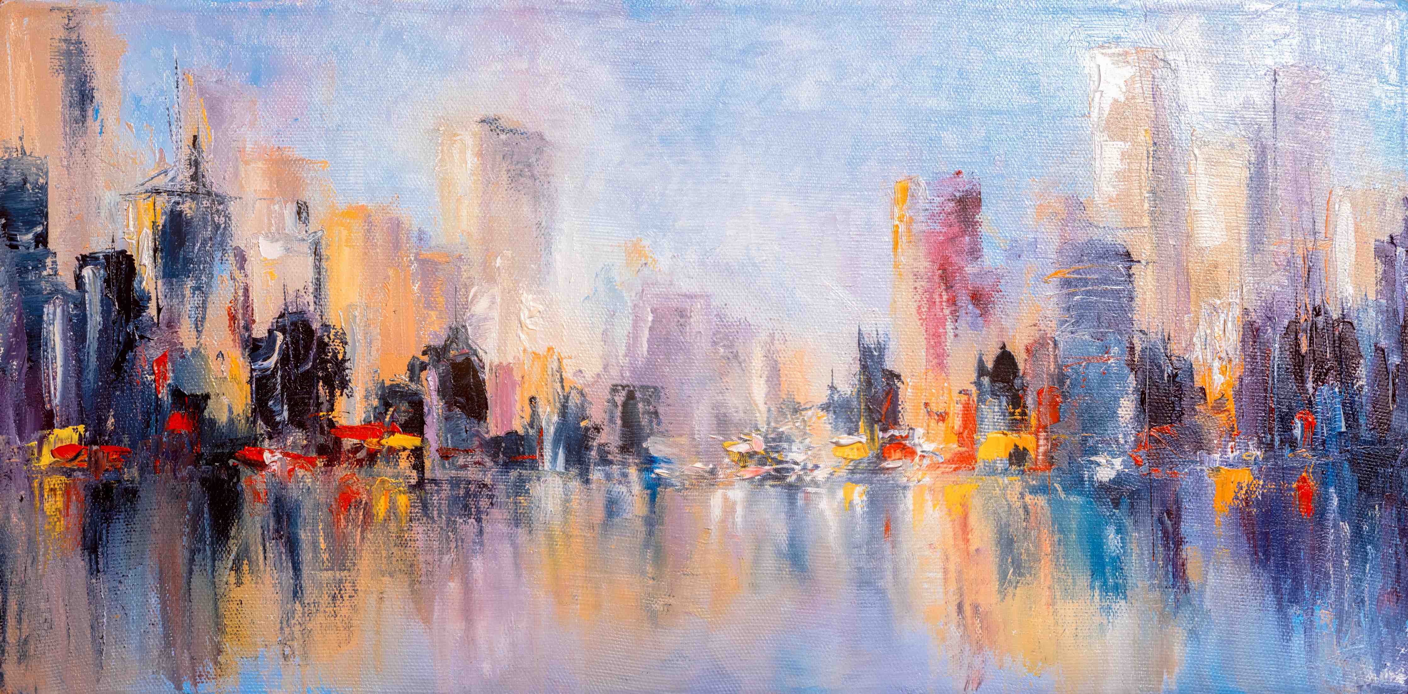Büro Wandgestaltung-Farbige Stadtlandschaft bei Sonnenaufgang