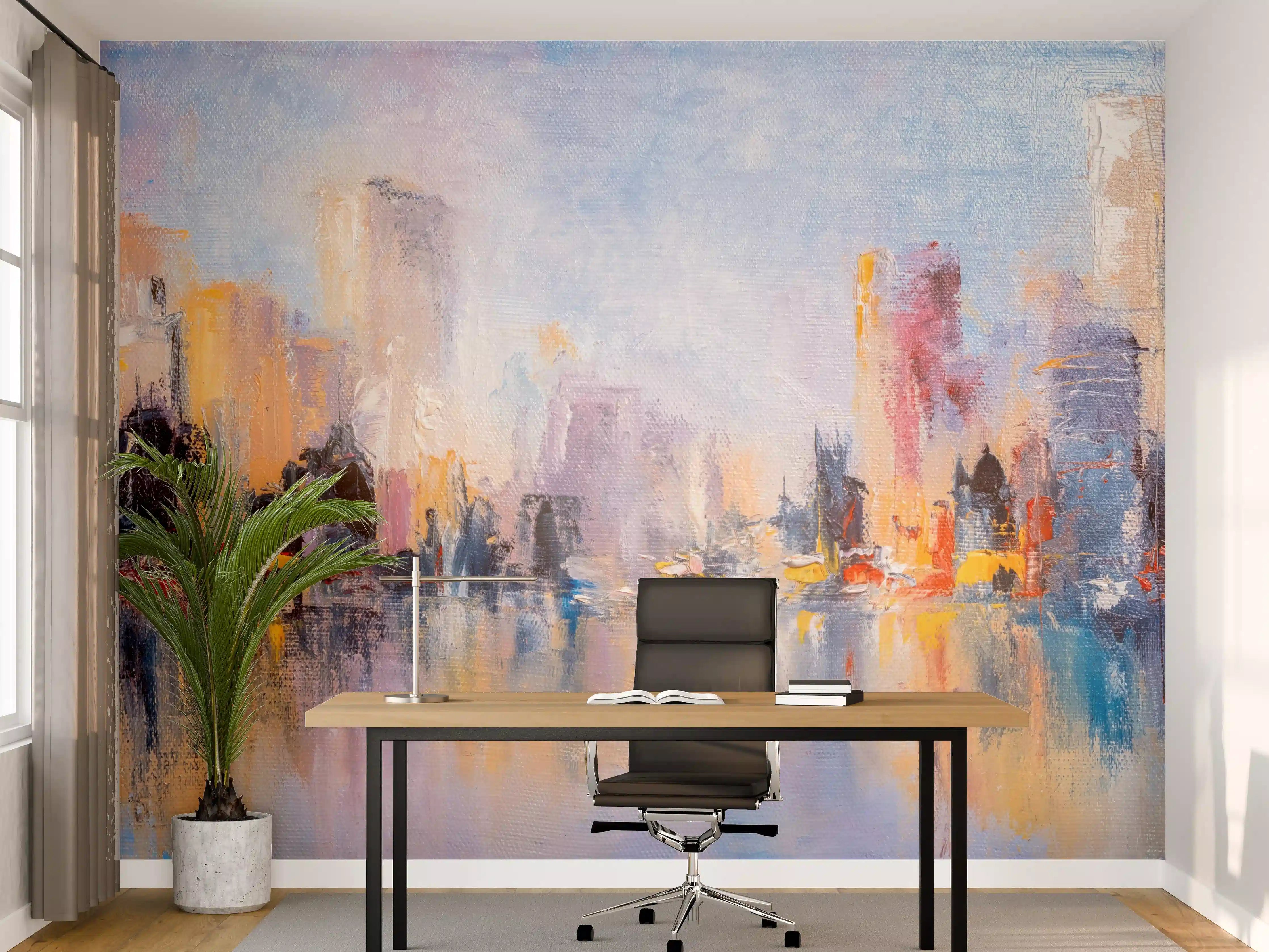 Büro Wandgestaltung - Farbige Stadtlandschaft bei Sonnenaufgang