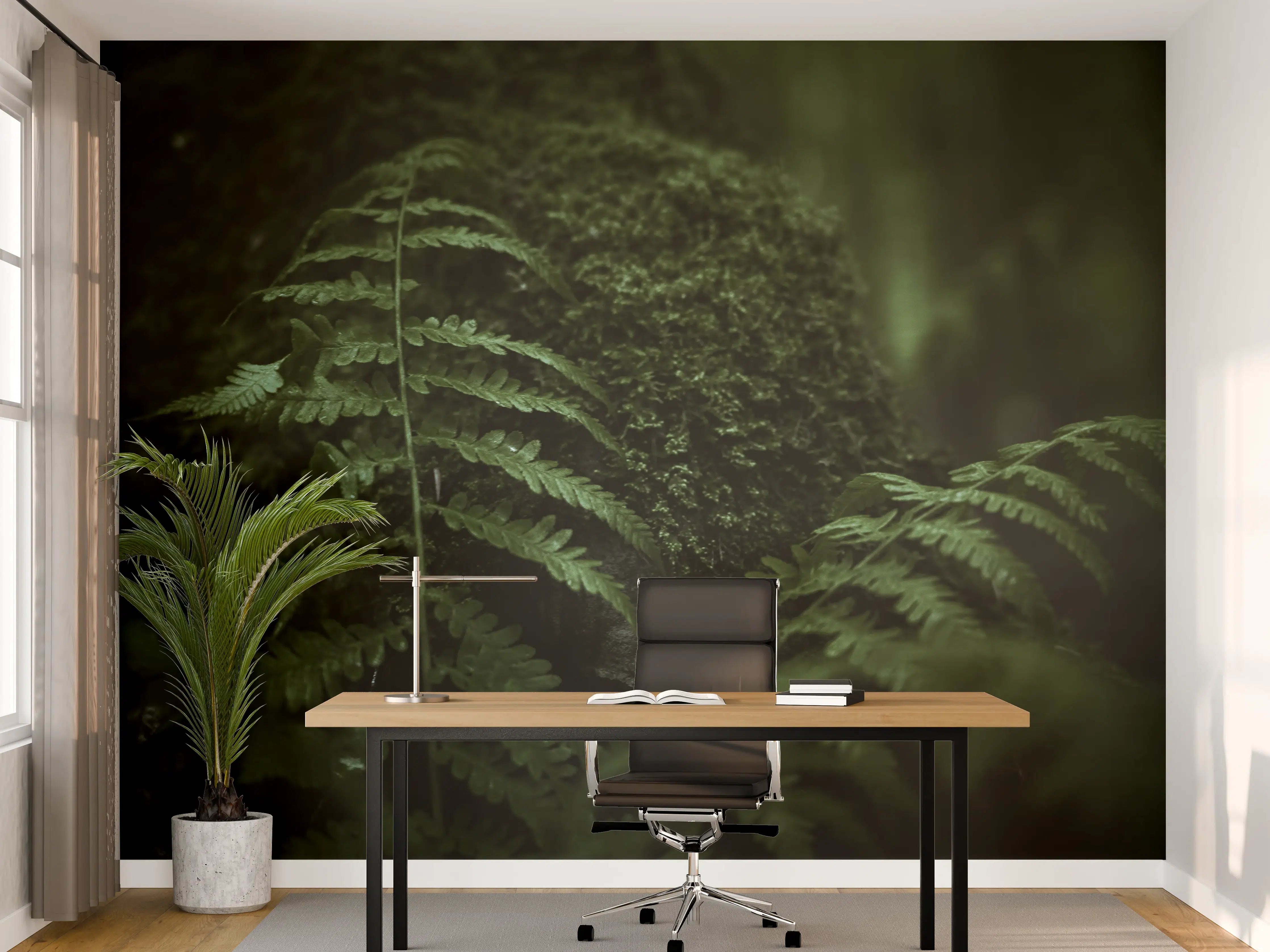 Büro Wandgestaltung - Farn im Wald des Allgäu bei Dunkelheit