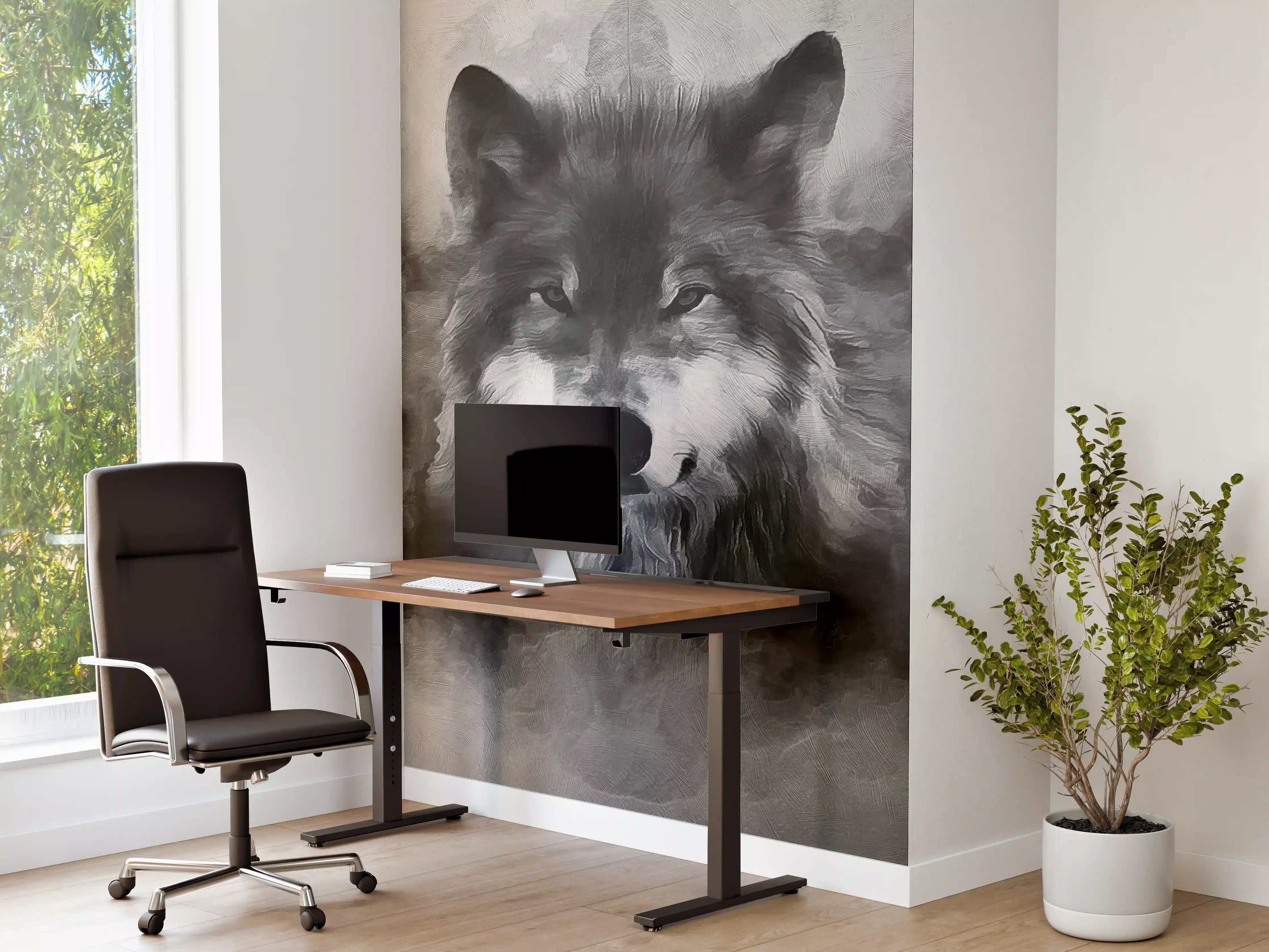Büro Wandgestaltung - Faszinierende Wolfssilhouette in Schwarz-Weiß