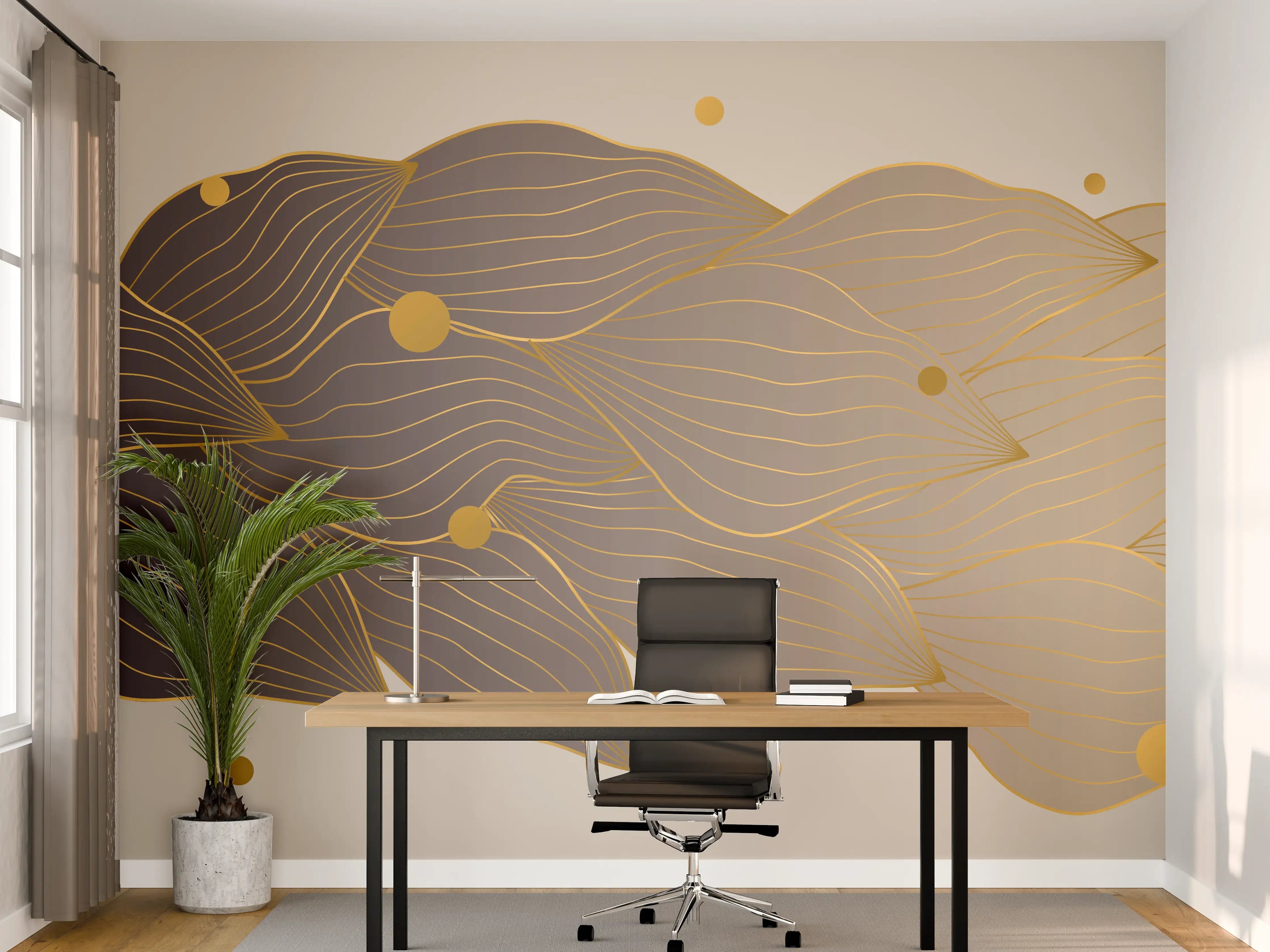 Büro Wandgestaltung - Feine Goldlinien Kunst auf weißem Untergrund