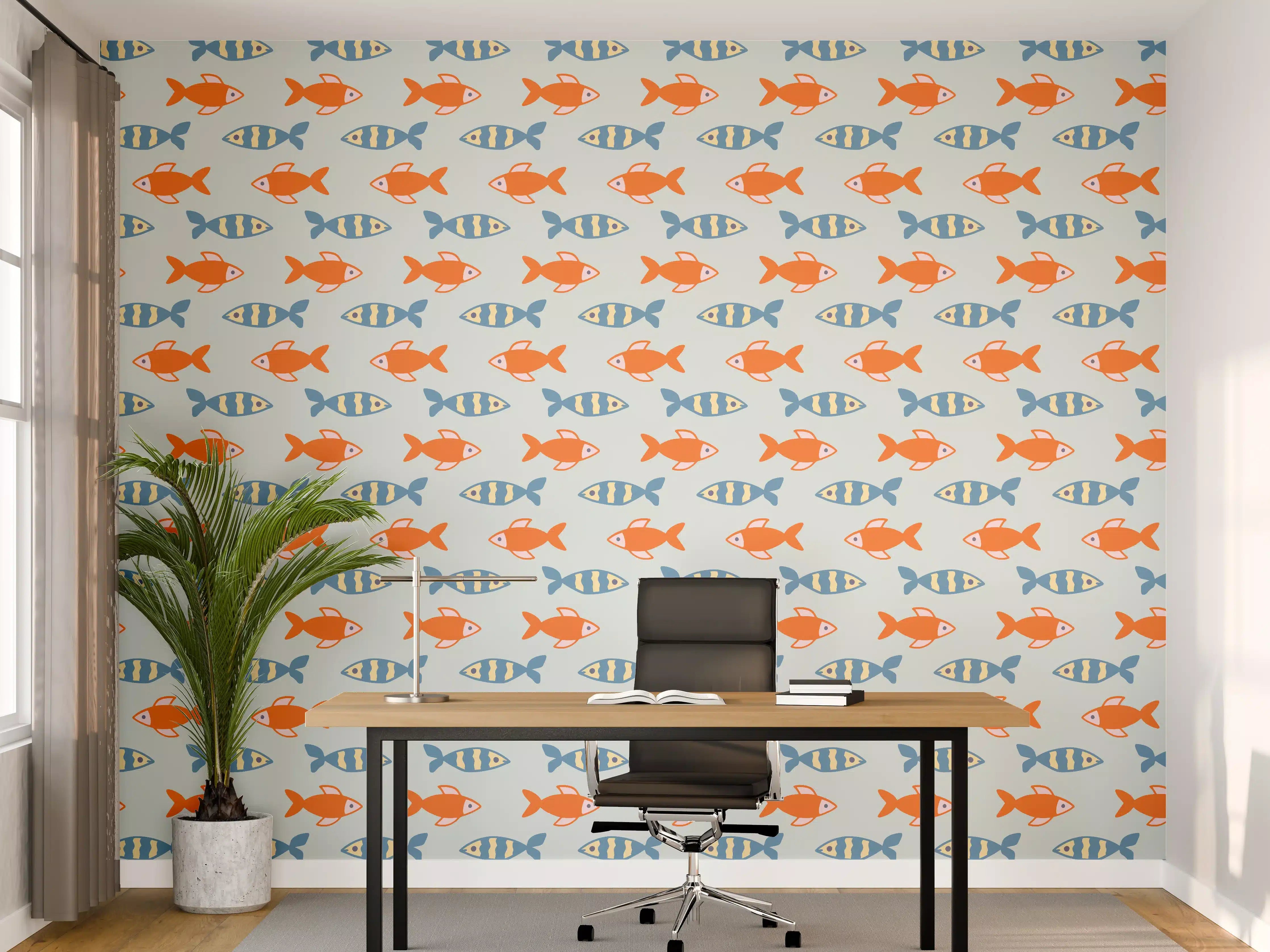 Büro Wandgestaltung - Fischmuster Orange-Blau