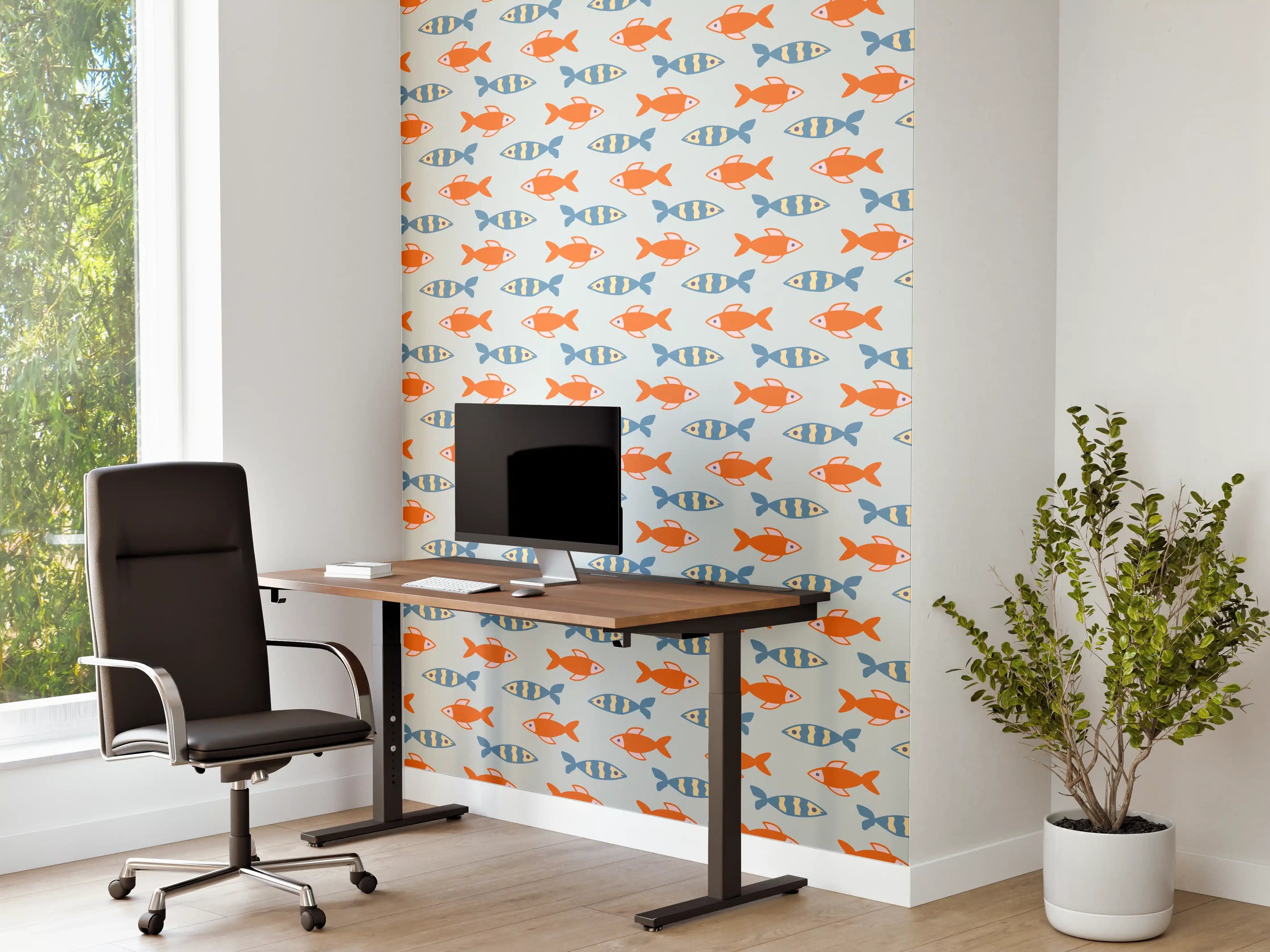 Büro Wandgestaltung - Fischmuster Orange-Blau