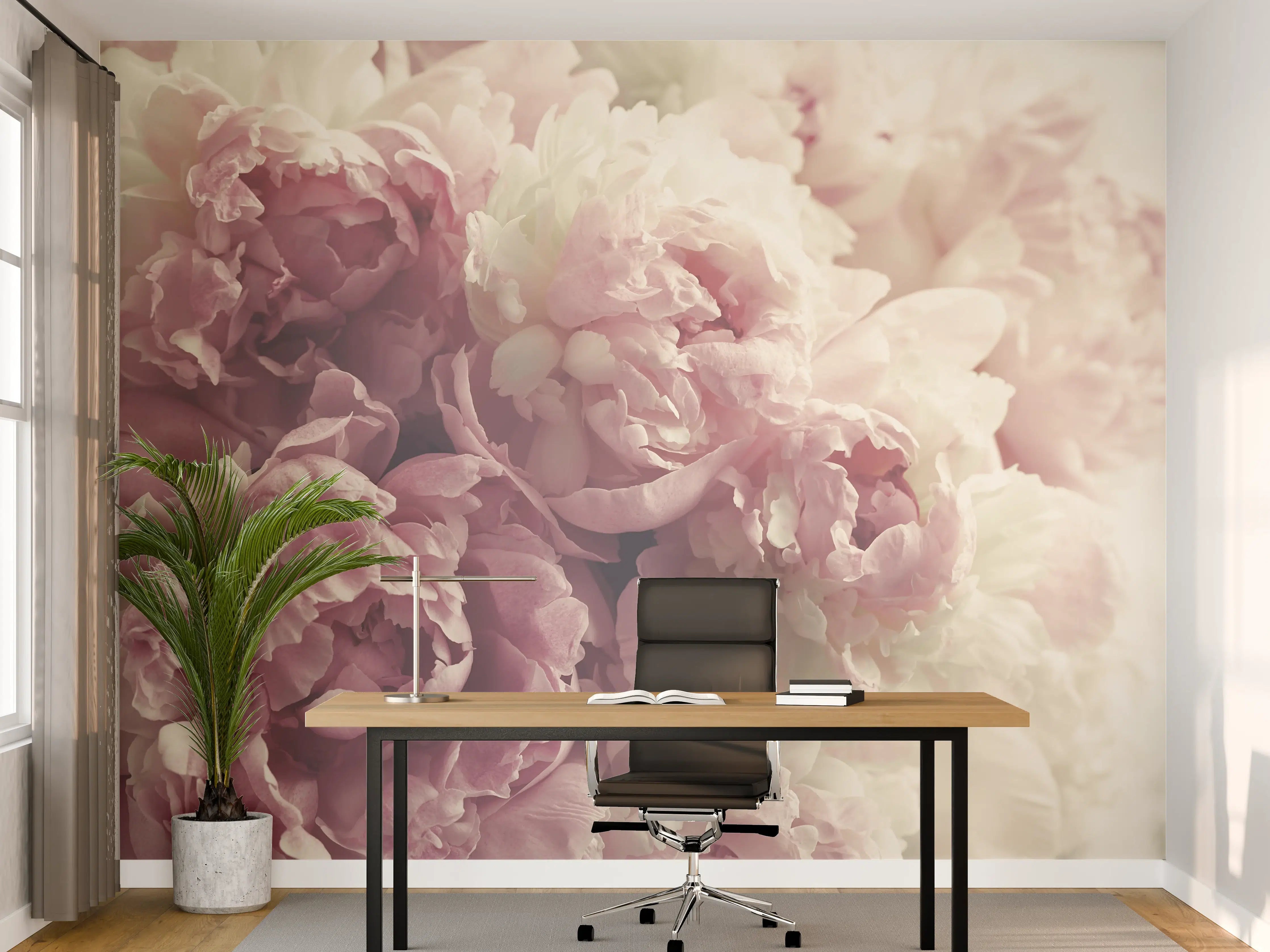 Büro Wandgestaltung - Flauschige rosa Pfingstrosen - Vintage