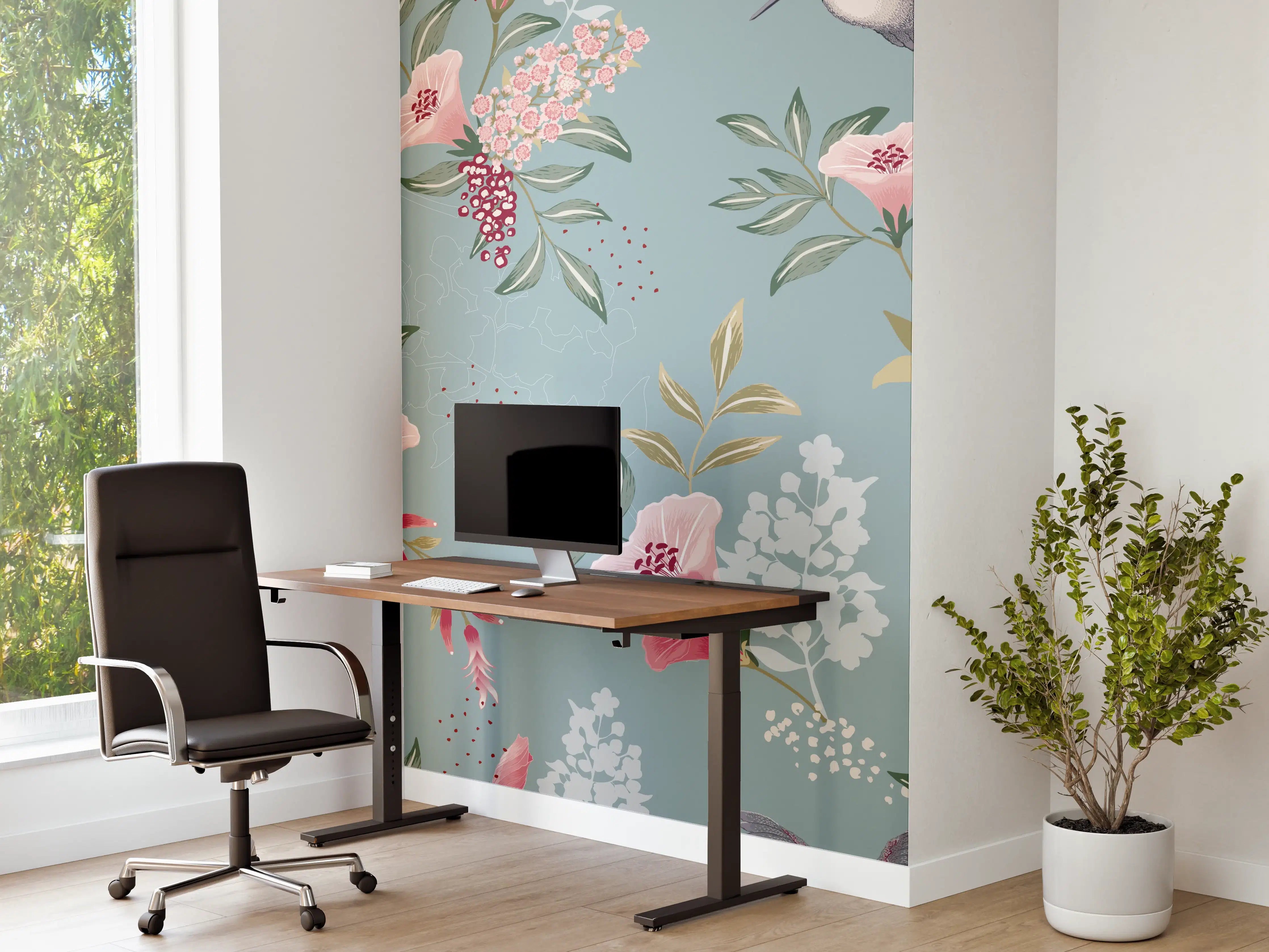 Büro Wandgestaltung - Floral-Bird-Muster Blaugrau