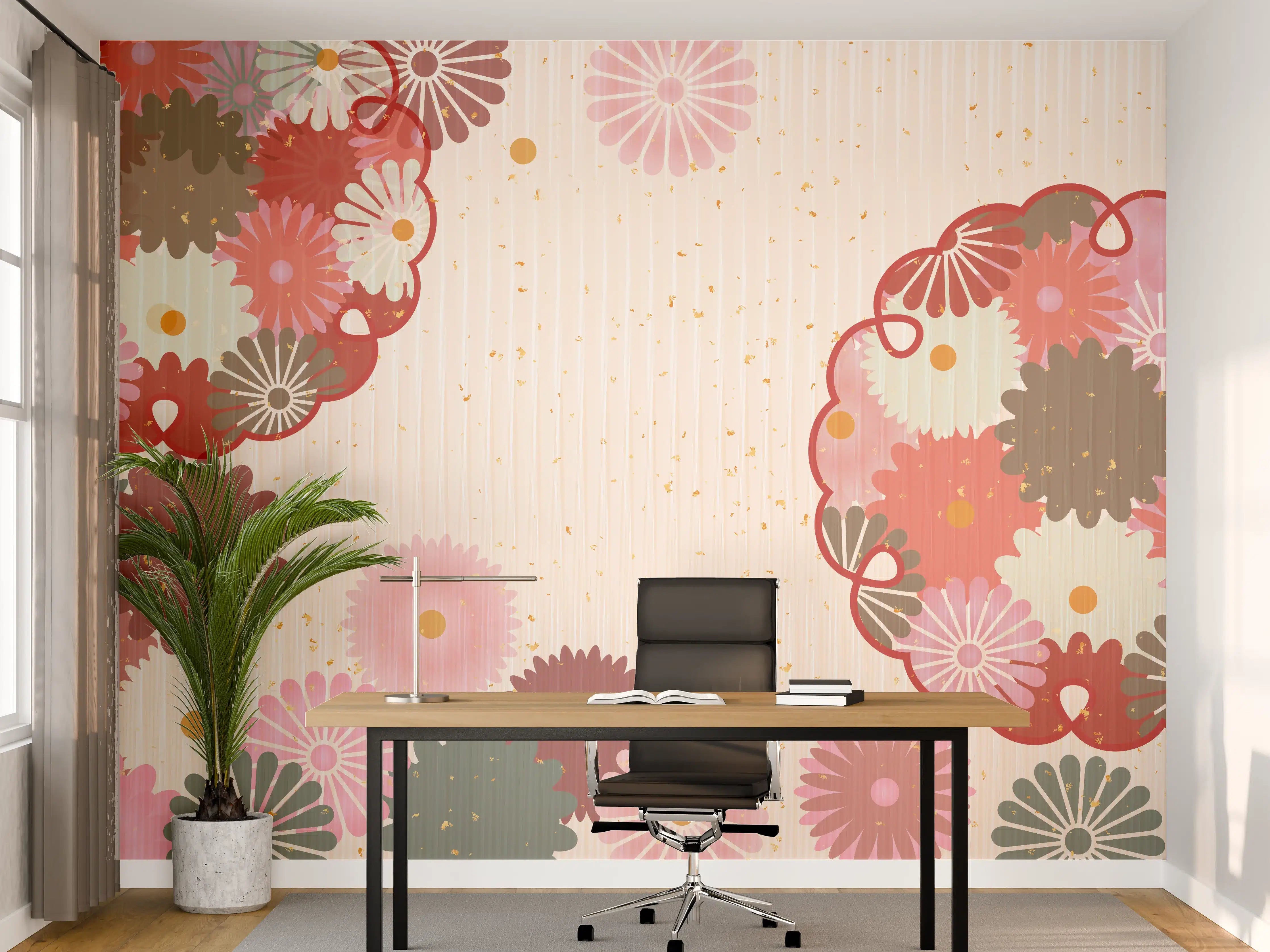Büro Wandgestaltung - Floral Blumenmuster Beige Rot