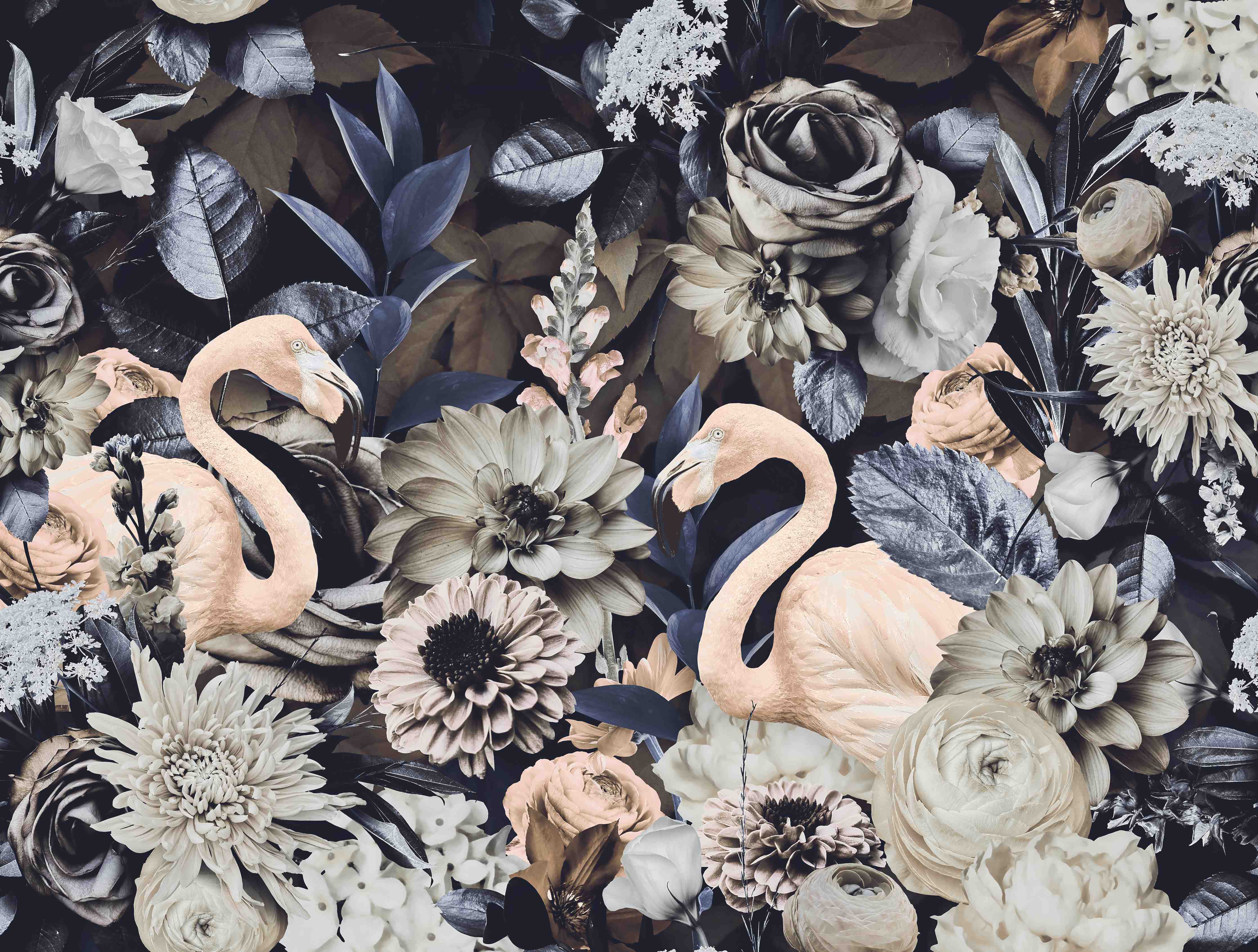Büro Wandgestaltung-Floral-Flamingo Muster Grau-Weiß
