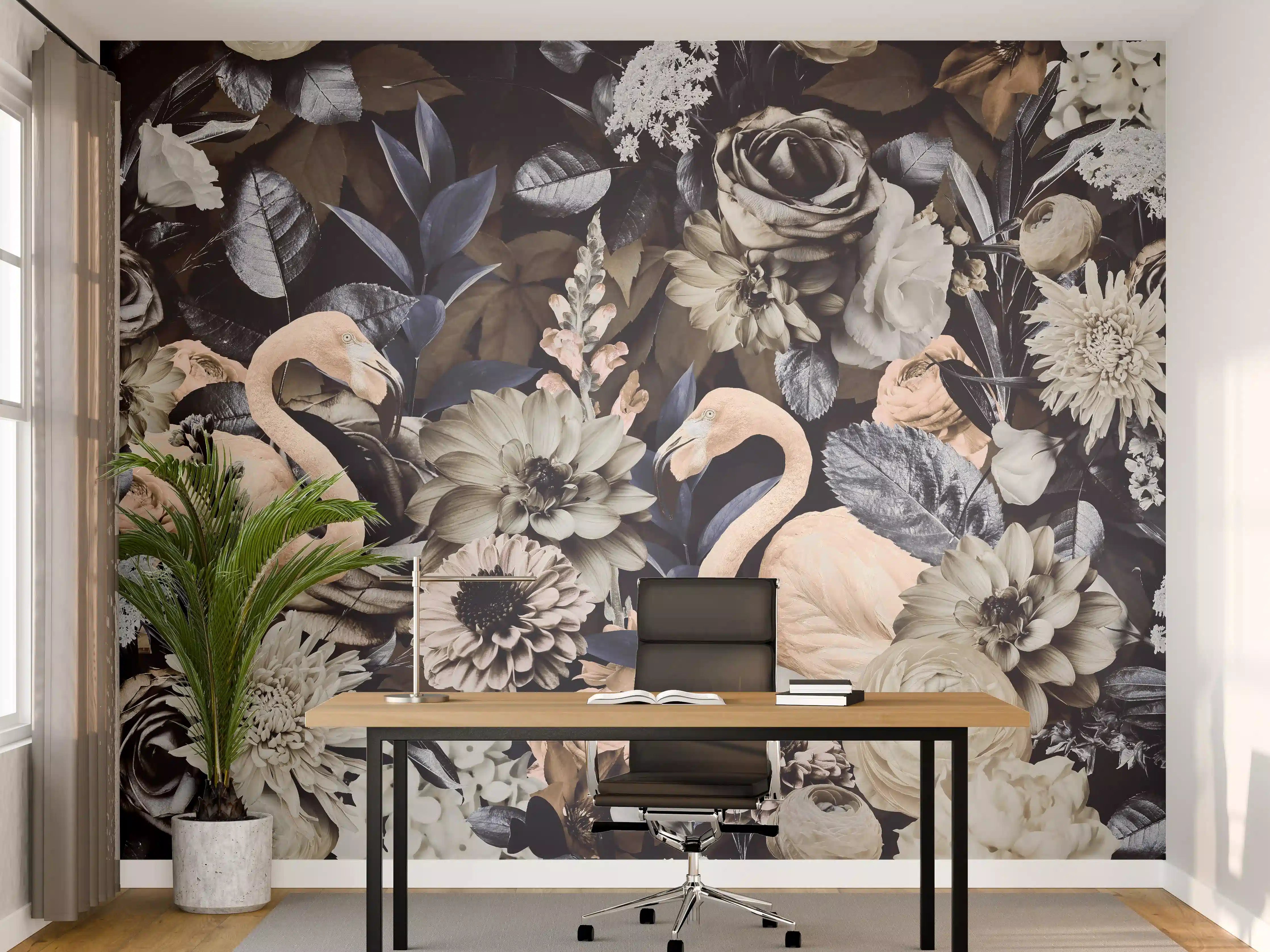 Büro Wandgestaltung - Floral-Flamingo Muster Grau-Weiß